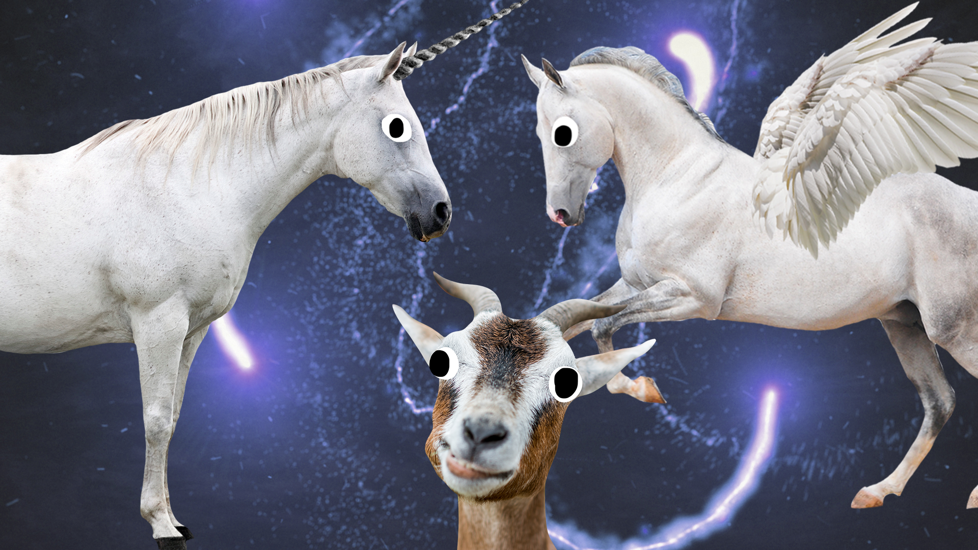 Unicorn, Pegasus and goat on magic background