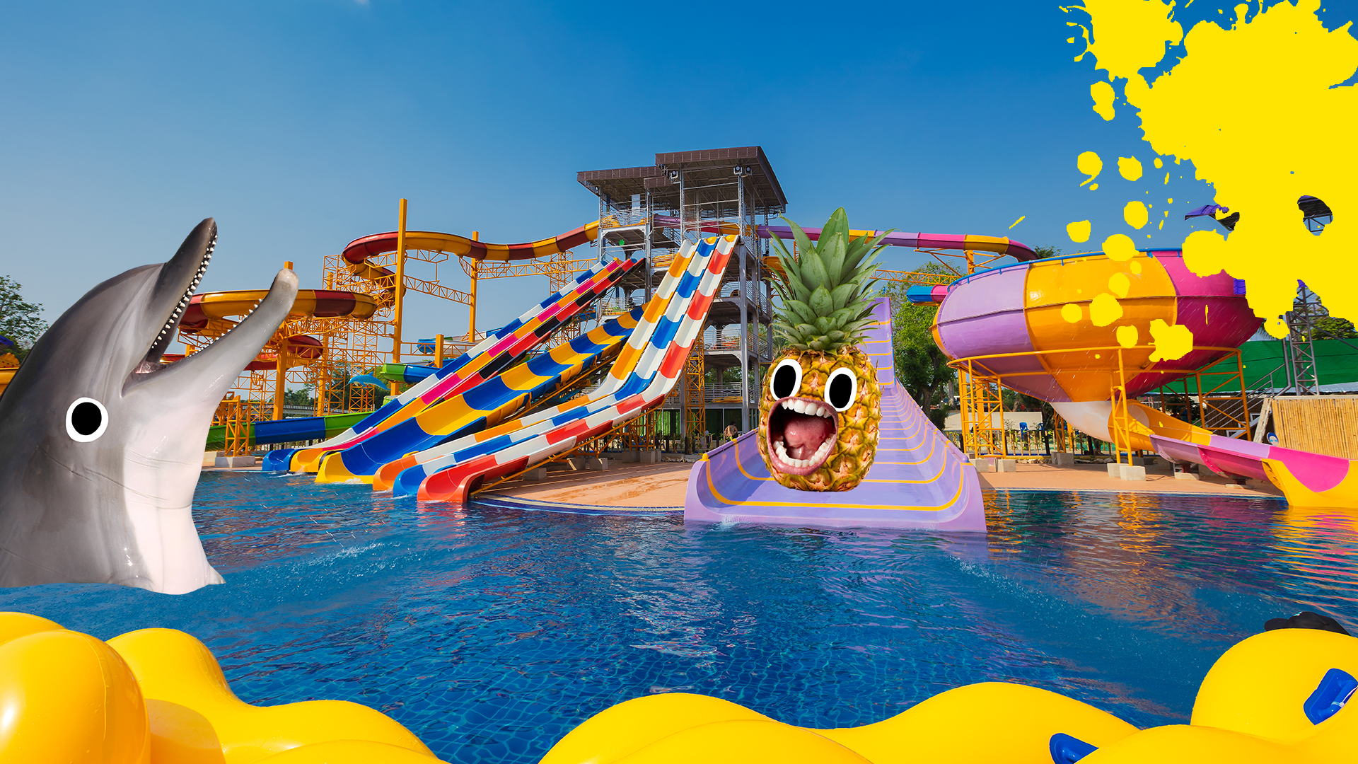 Waterpakr with Beano dolphin and pineapple on slide