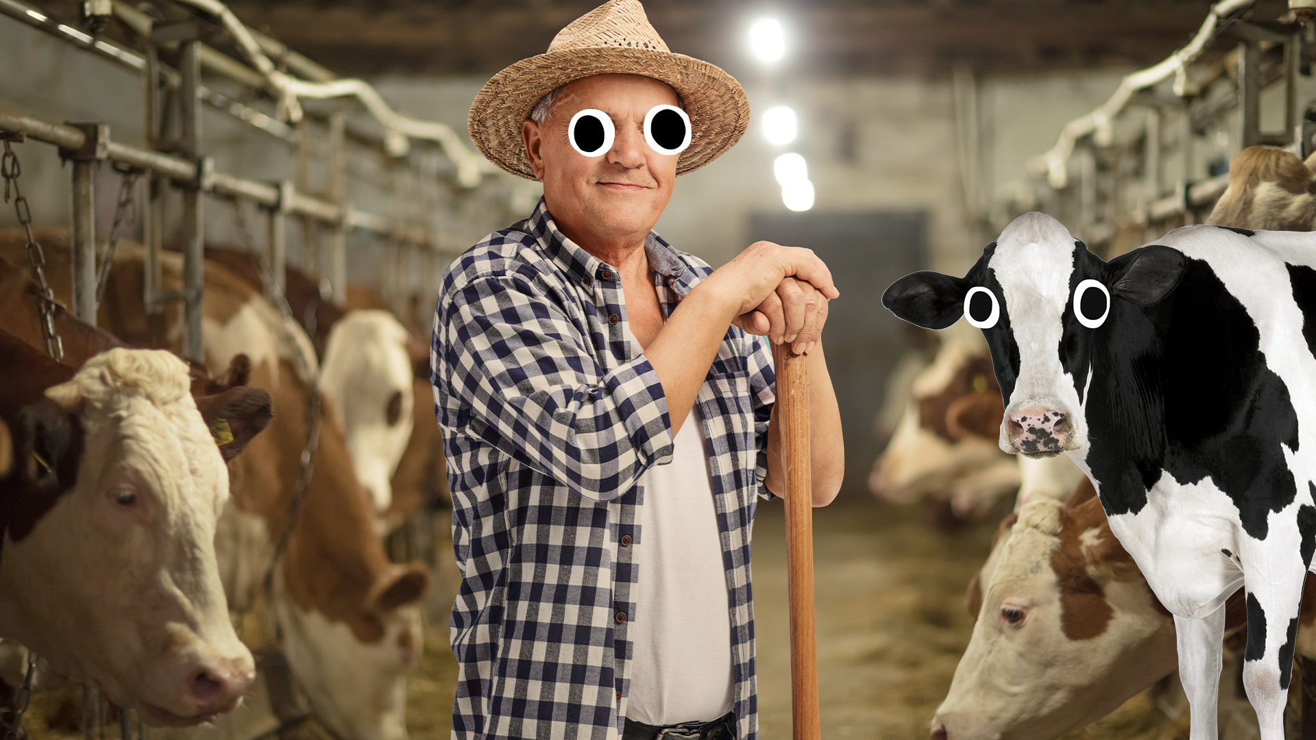 Farmer in cow shed with Beano cow