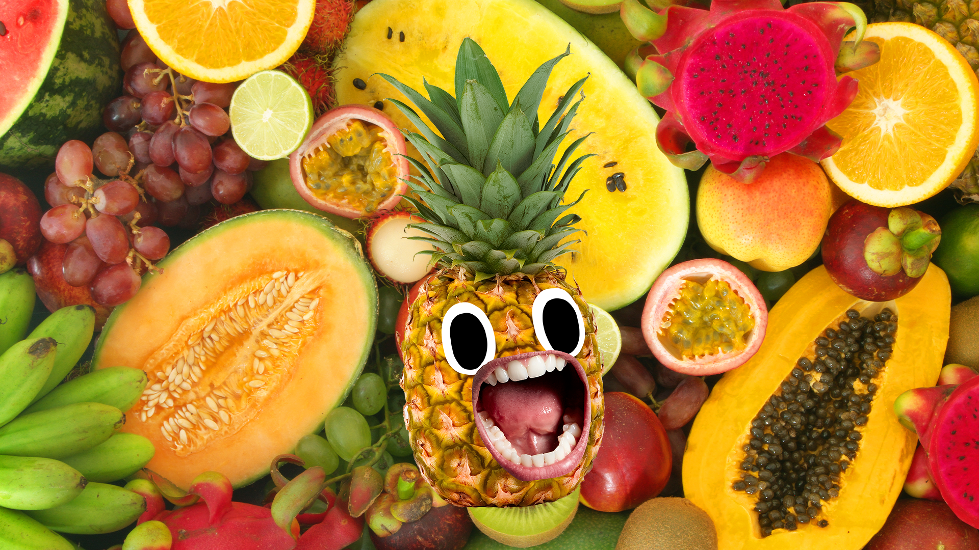 Selection of tropical fruit and a screaming Beano pineapple