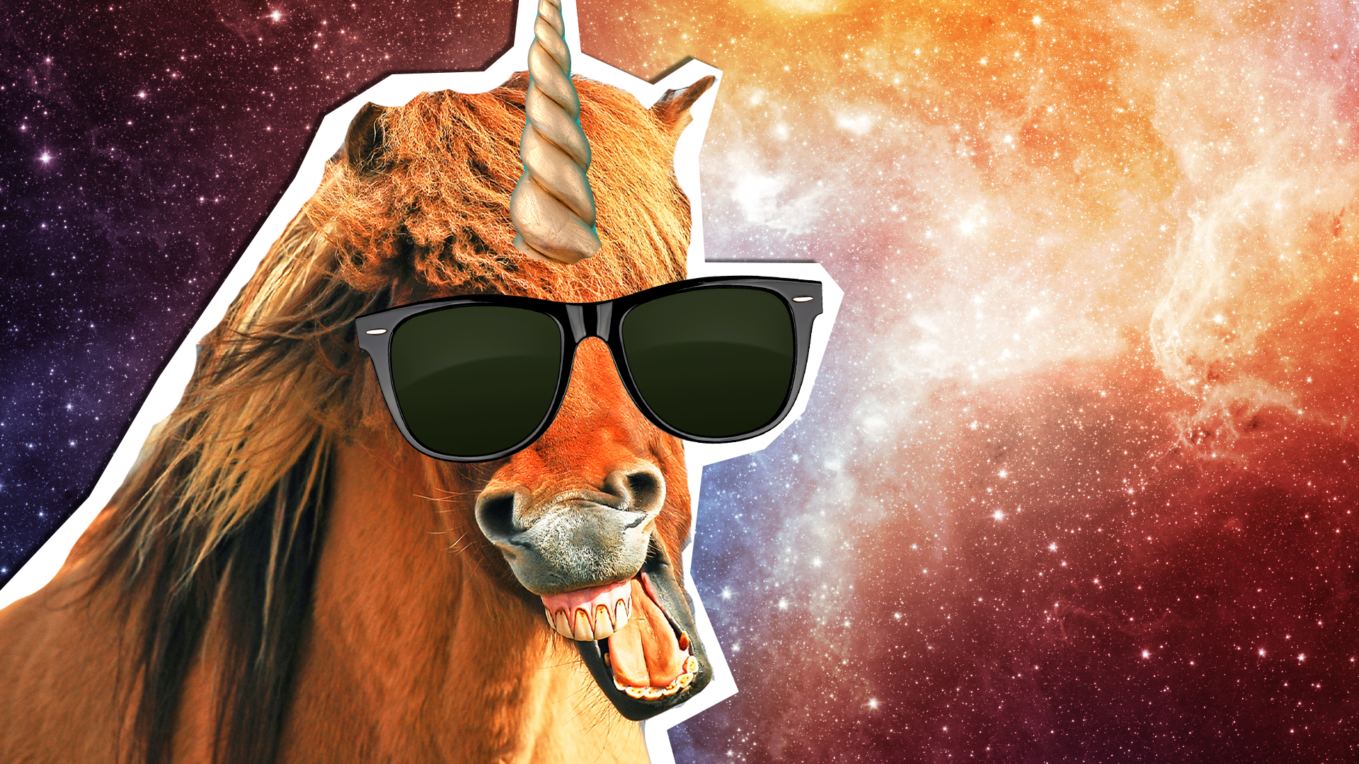 Funky looking unicorn in sunglasses on space background