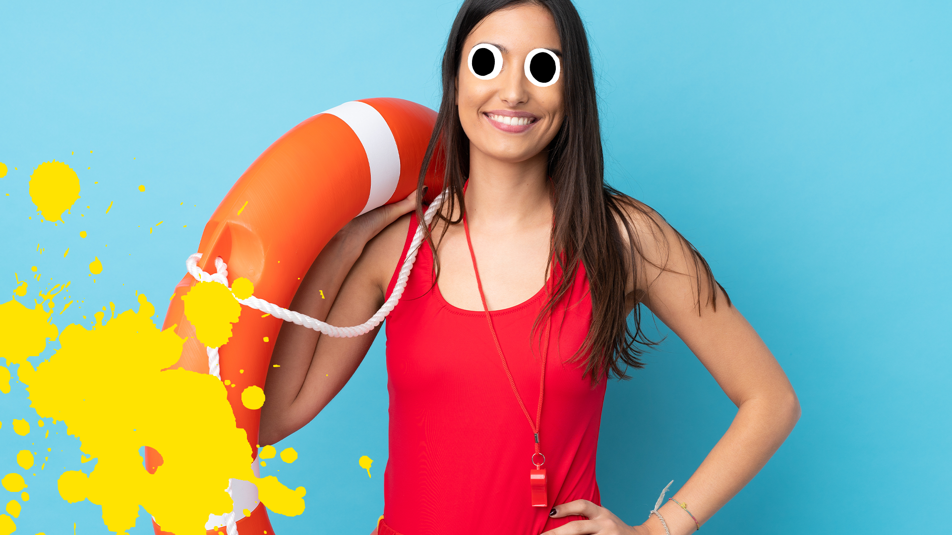 Female lifeguard on blue background with yellow splat