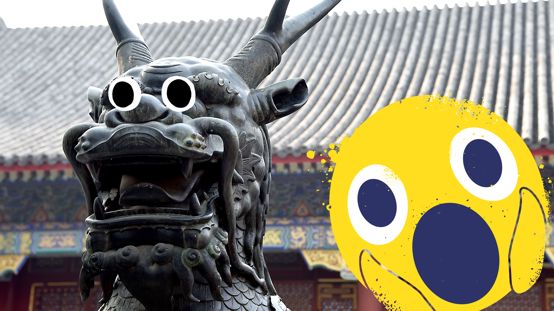 Chinese statue with shocked Beano emoji