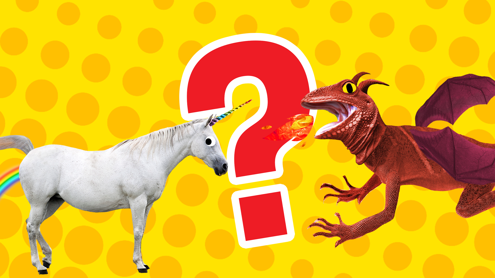 Unicorn  and dragon with question mark on yellow background