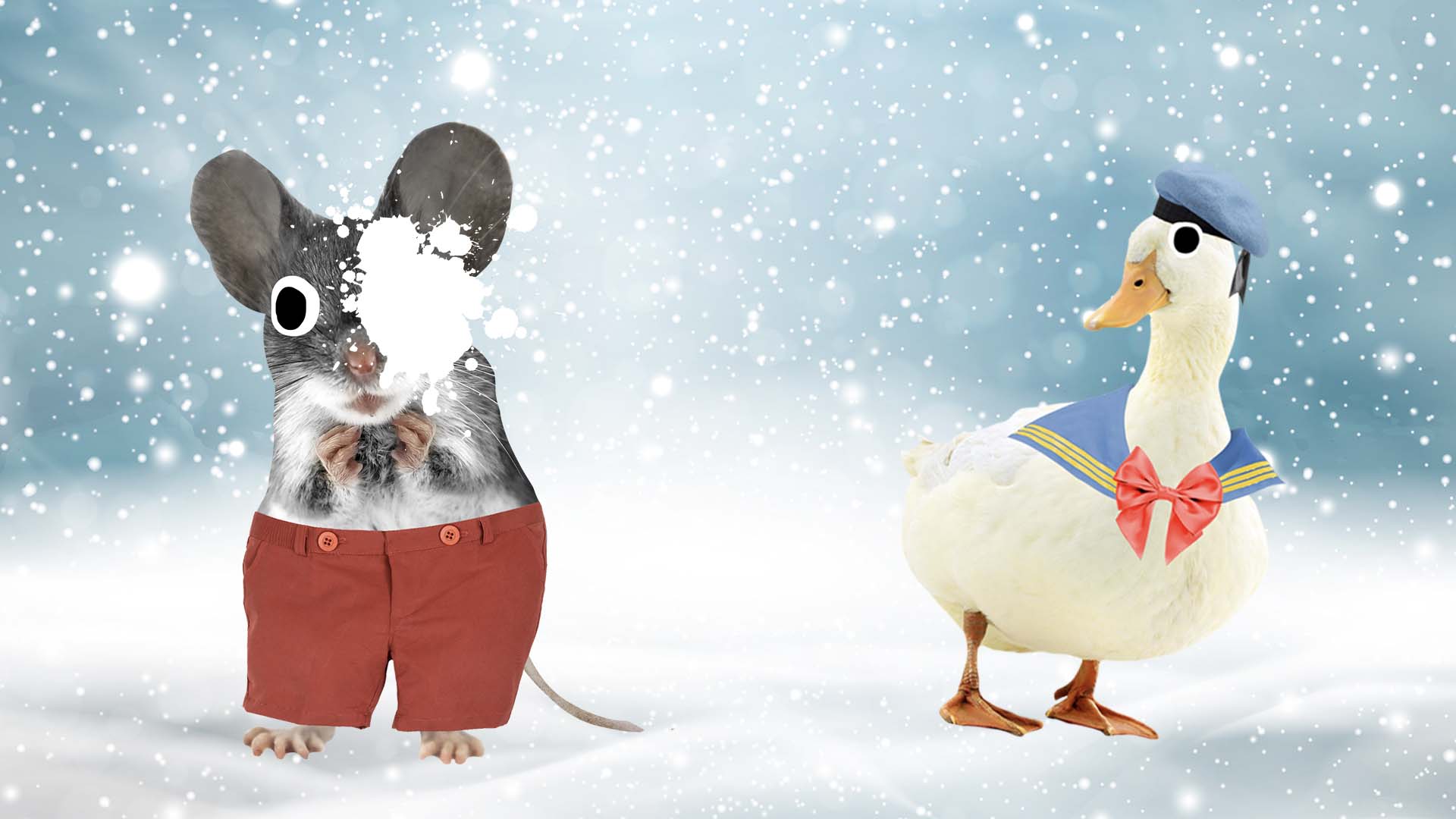 A mouse and a duck in the snow
