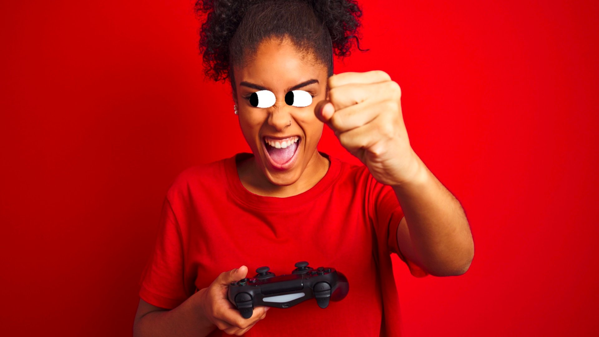 A gamer wearing a red t-shirt