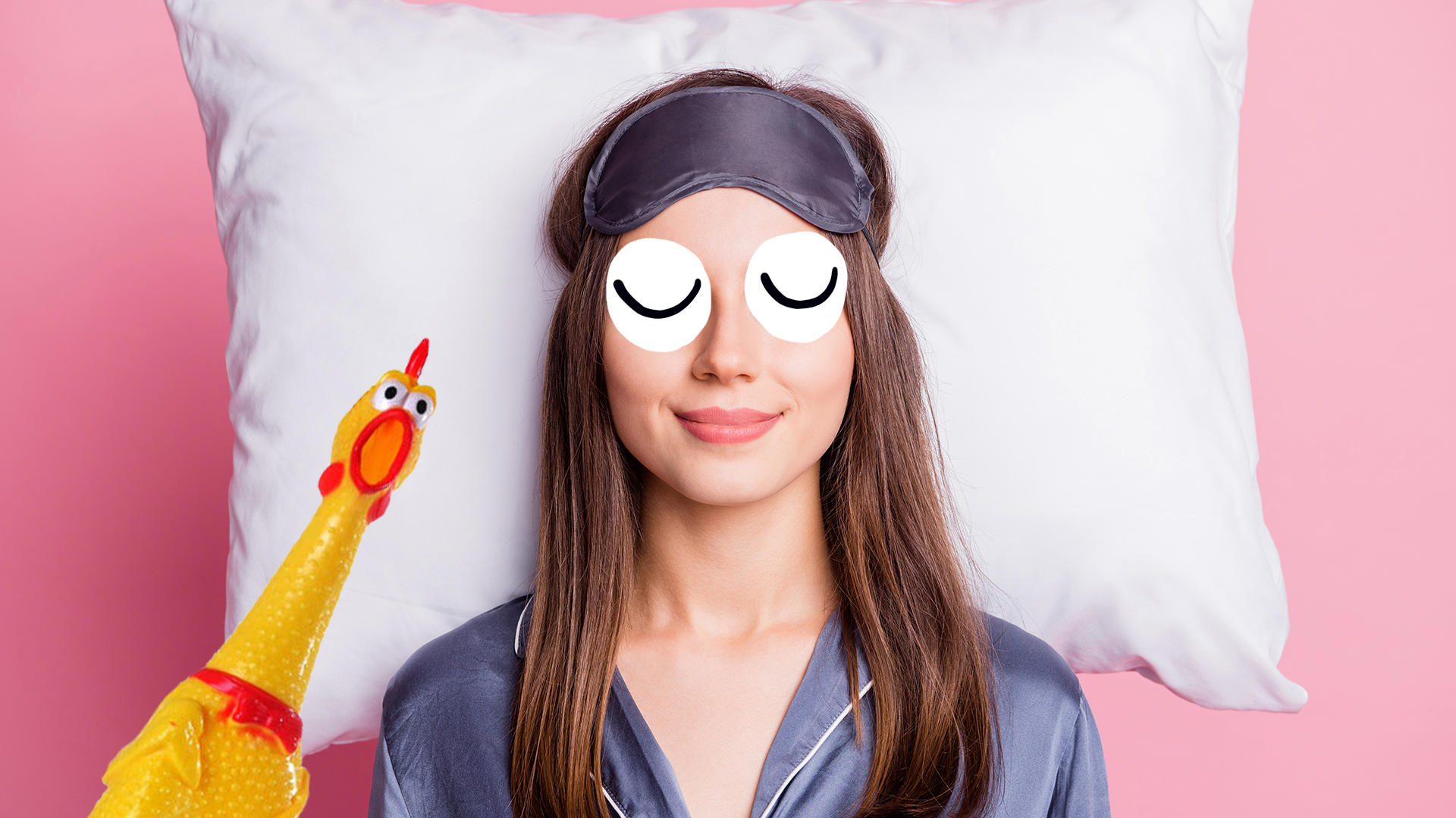 Woman asleep with Beano rubber chicken