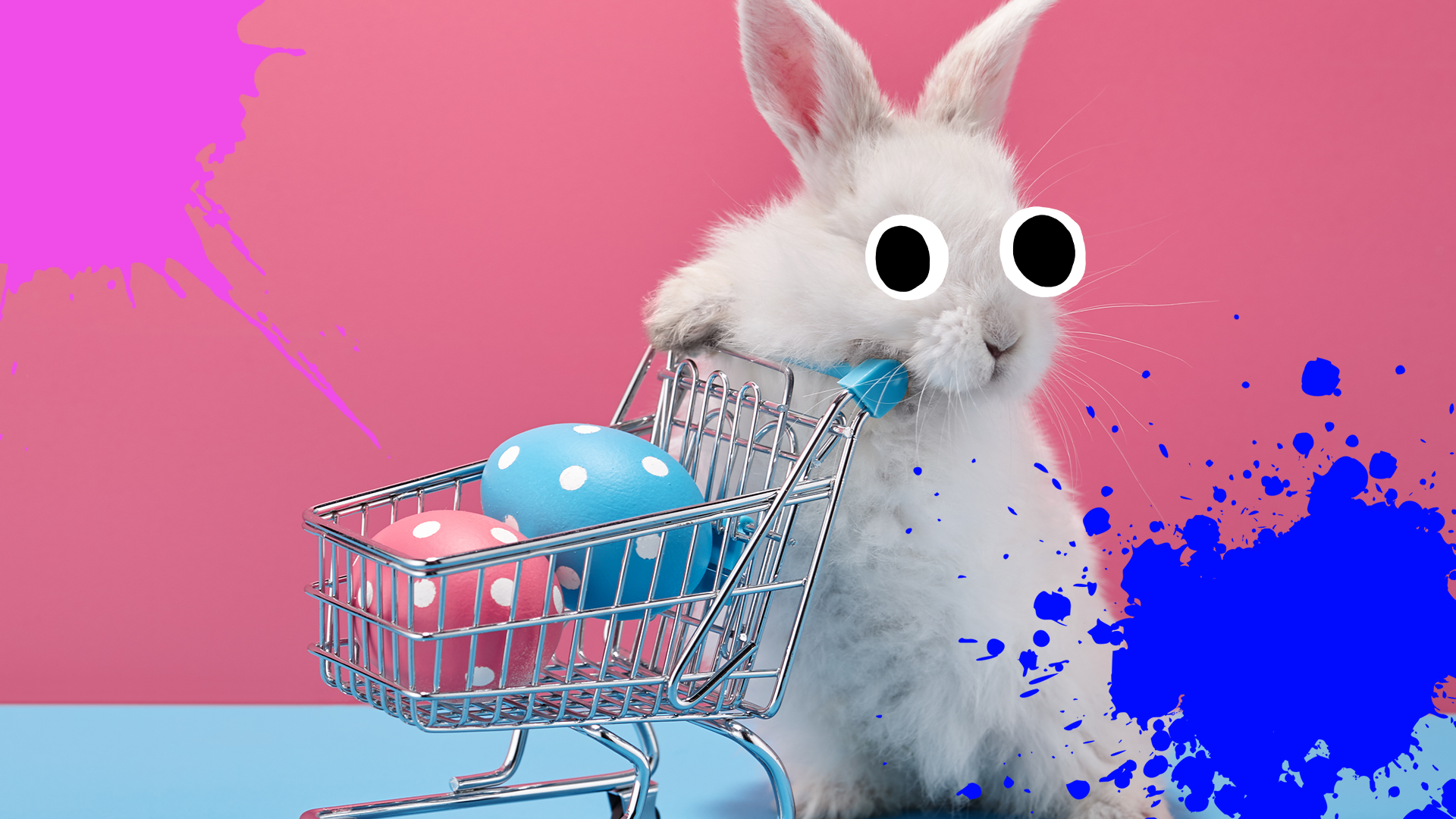 Bunny pushing trolley full of eggs on pastel background