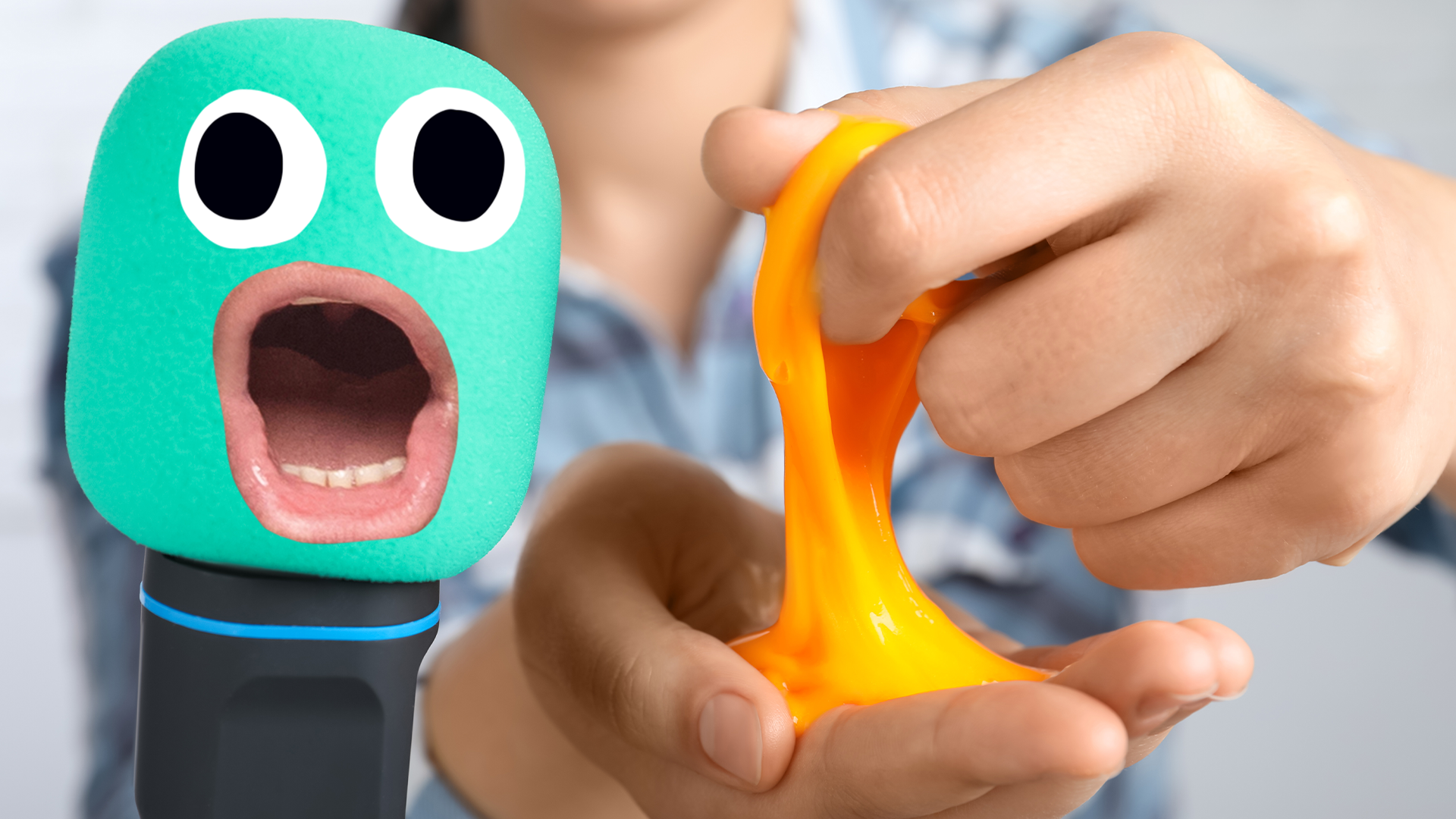 Shocked microphone with someone holding slime next to it