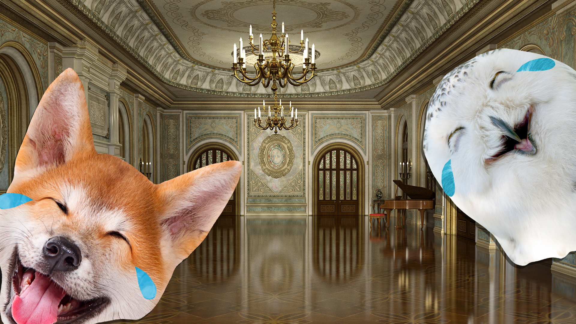 A fox and an owl laugh in a fancy ballroom