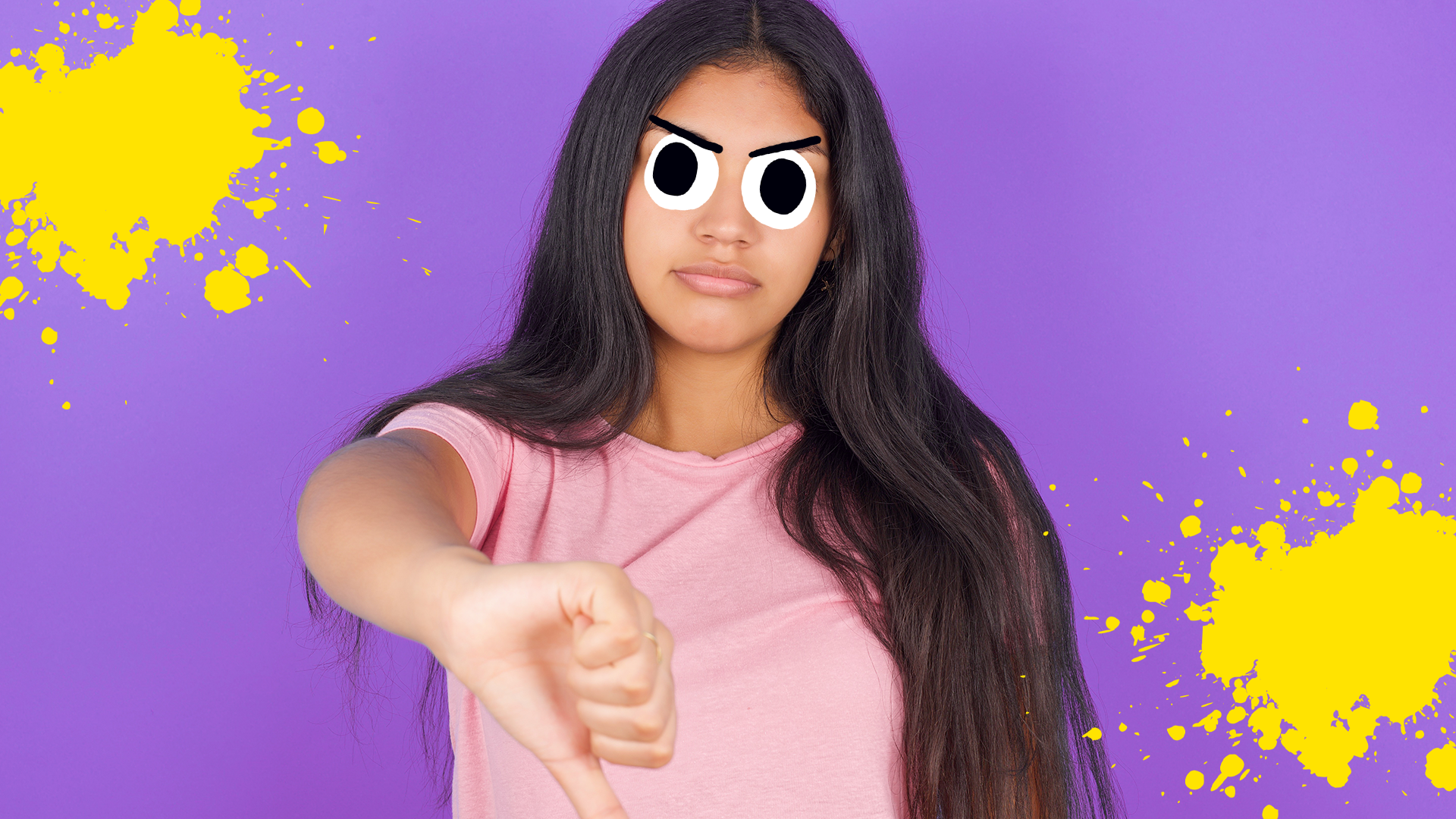Grumpy woman doing thumbs down on purple background with splats