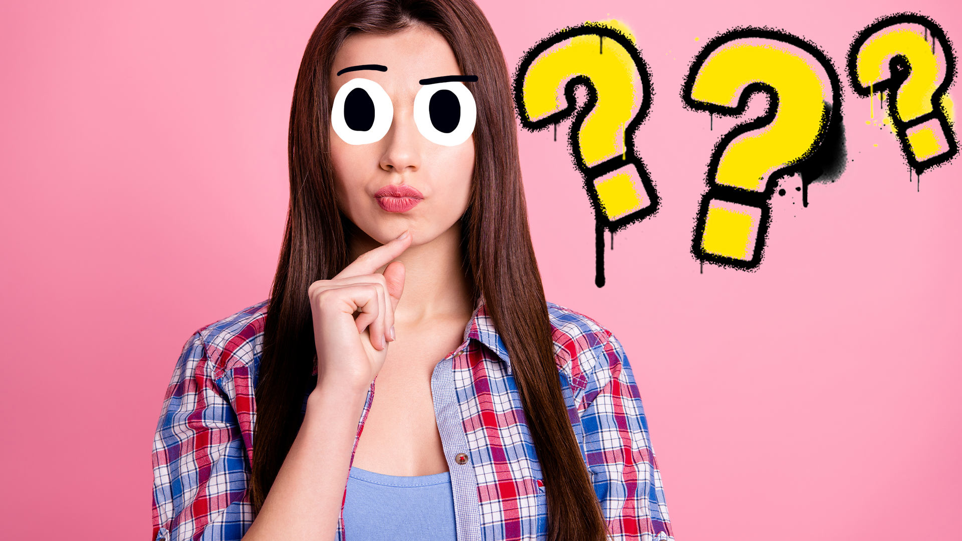 Women looking puzzled on pink background with question marks 