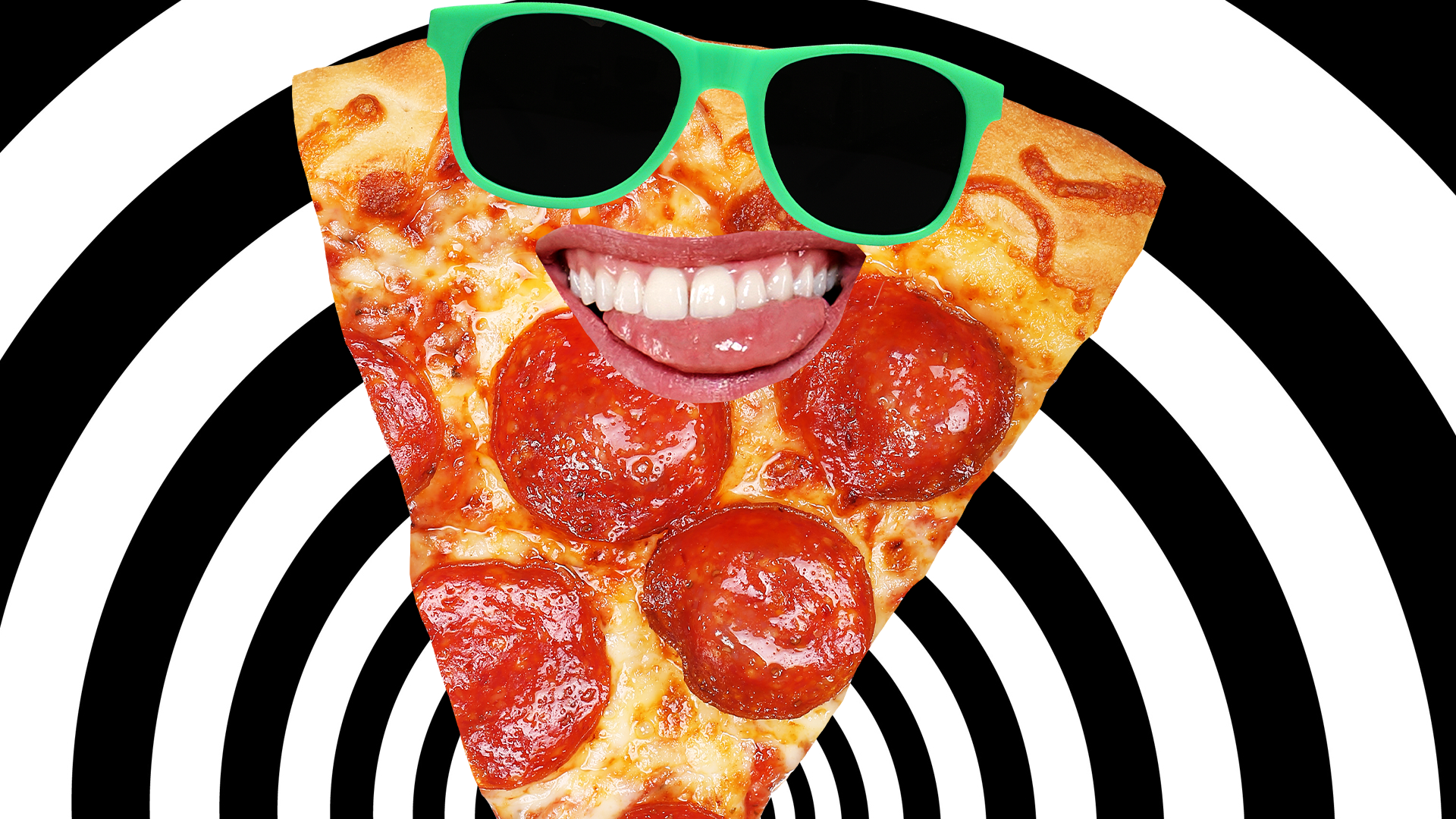 Pizza slice with sunglasses on black and white background