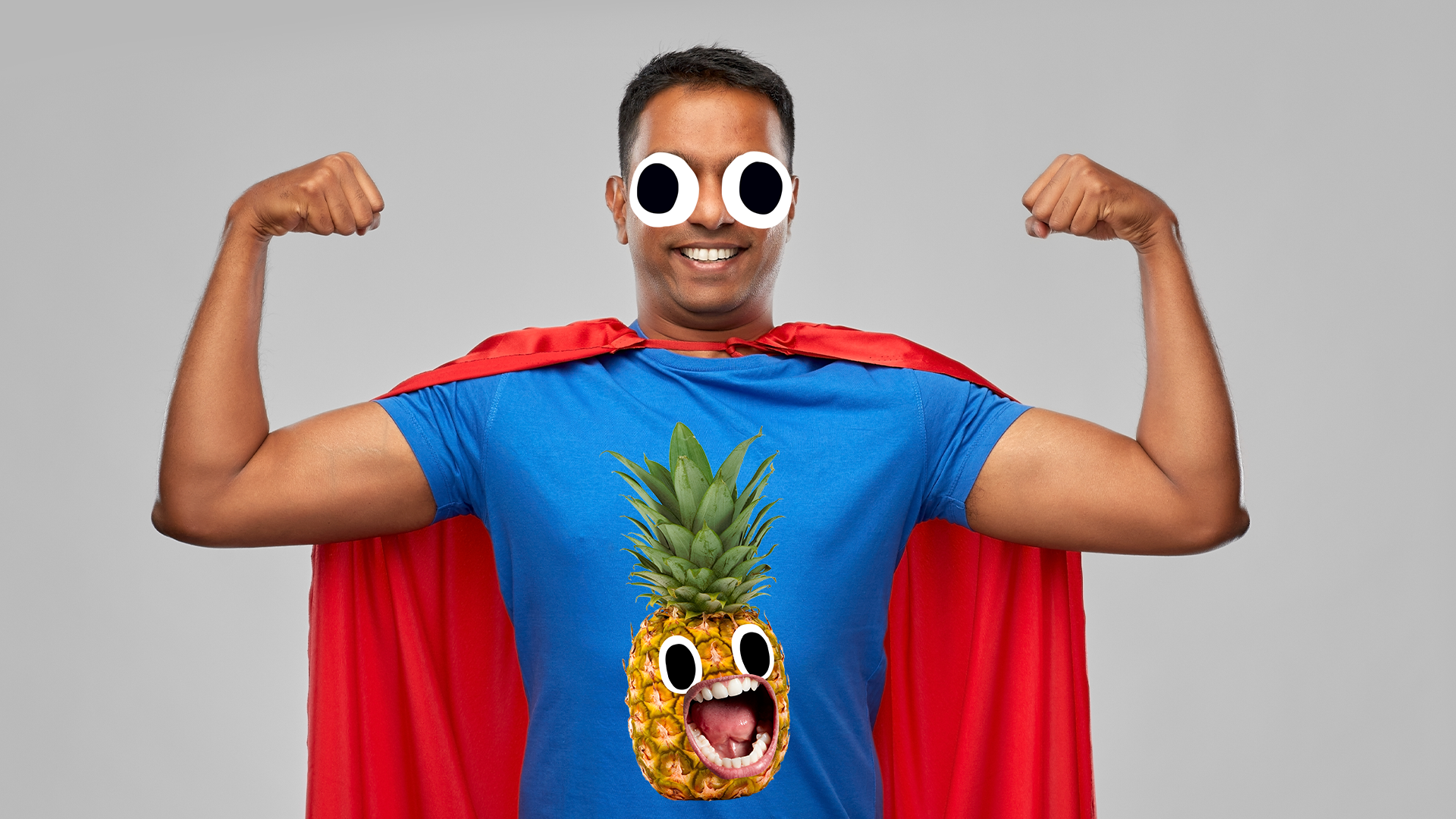 Man dressed as superhero with screaming pineapple