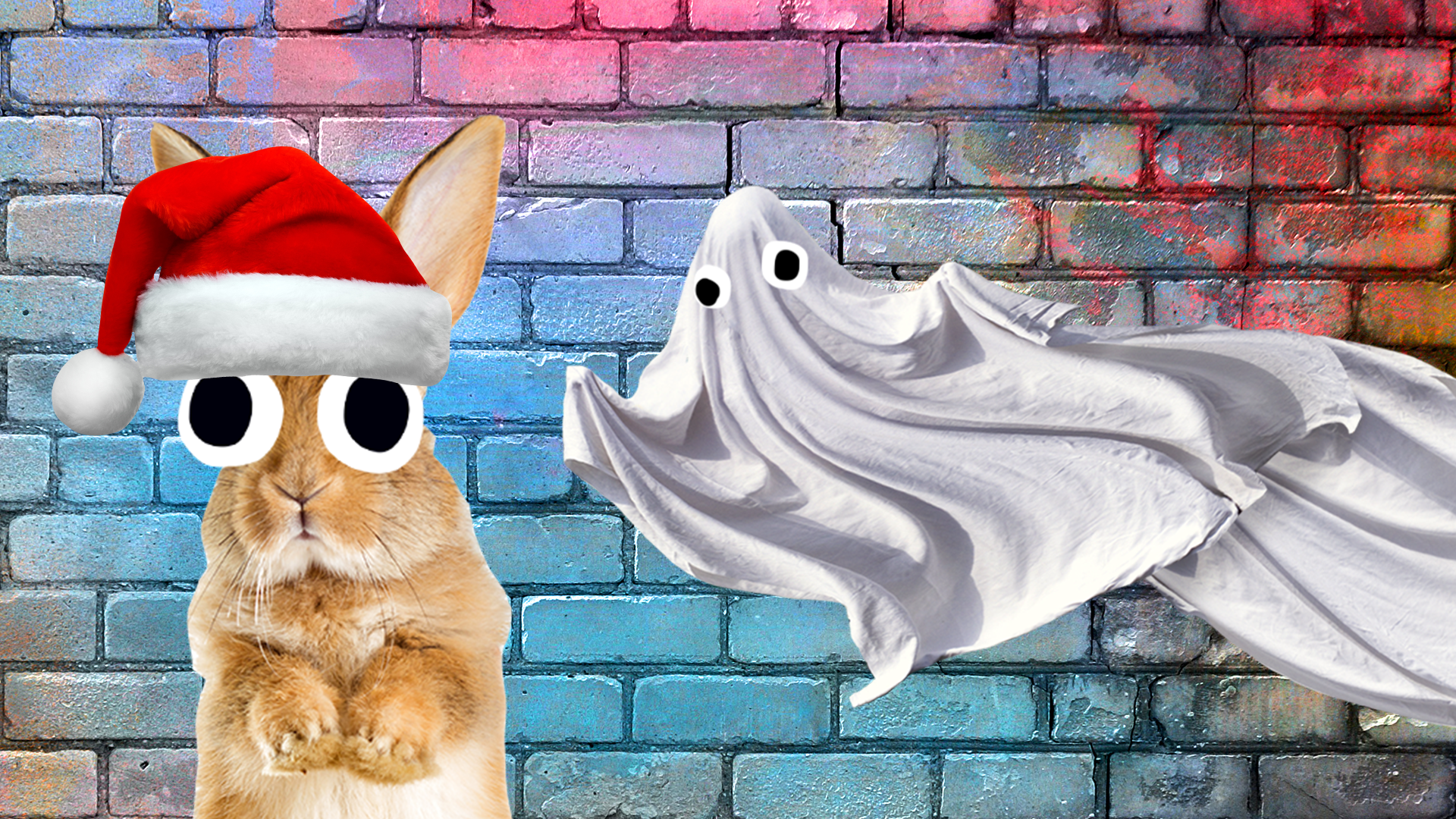 Bunny in Santa hat and ghost on brick background