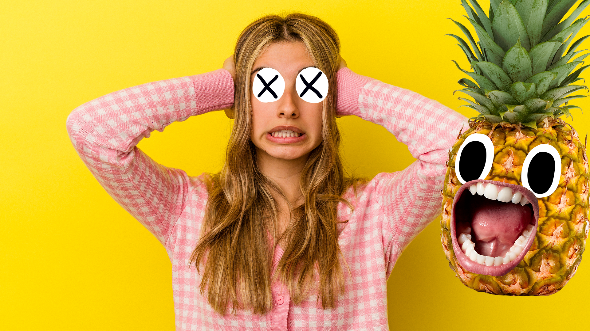 Woman with hands on ears with screaming pineapple on yellow background