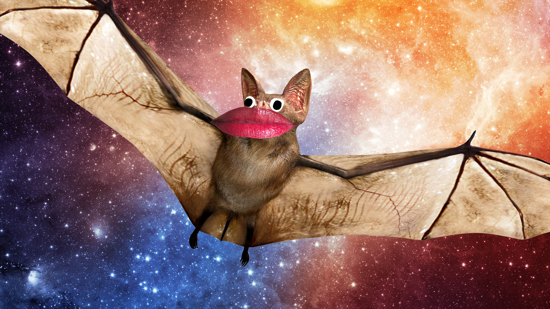 Bat with goofy lips on space background
