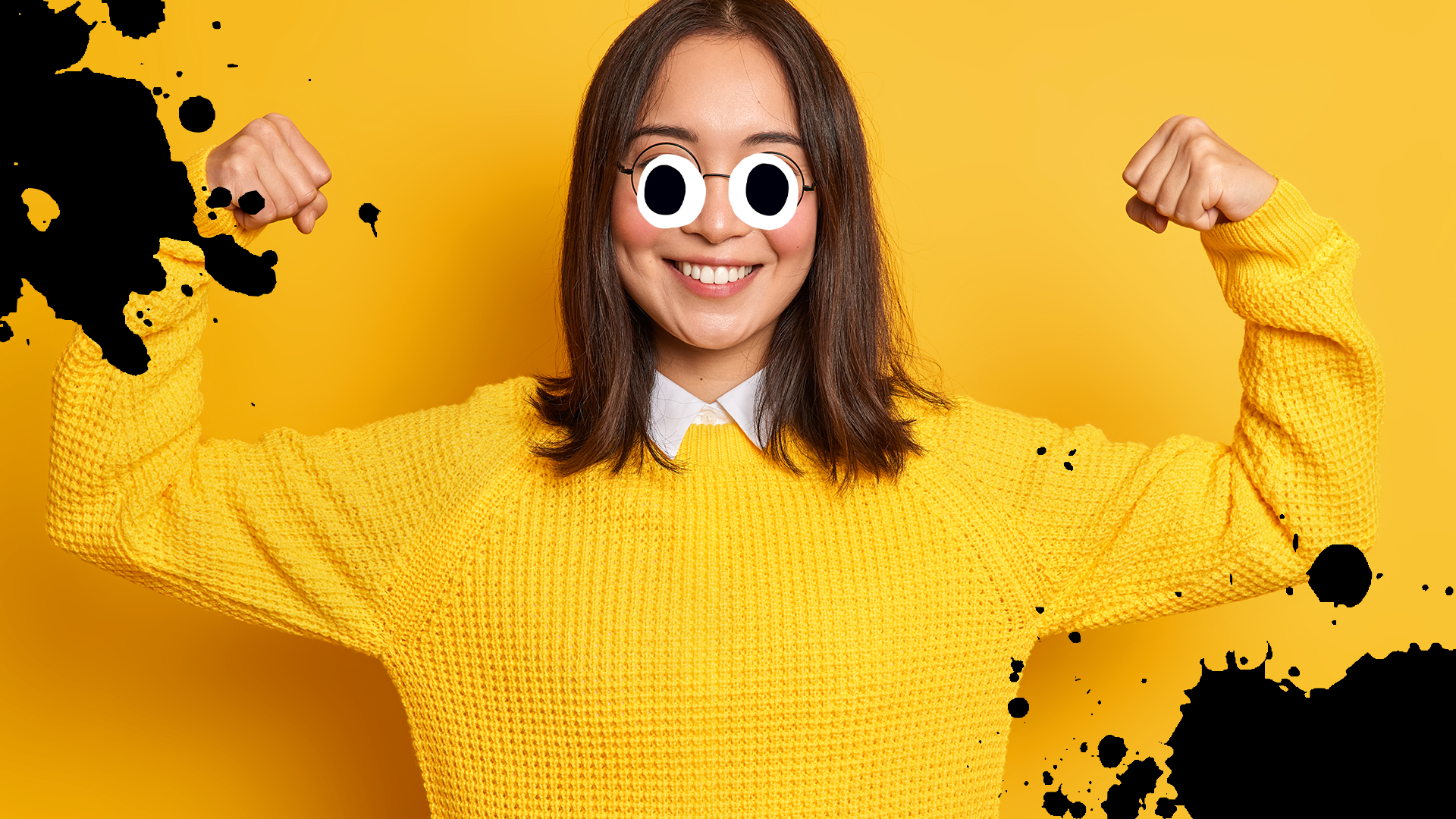 Woman looking strong on yellow background with splats