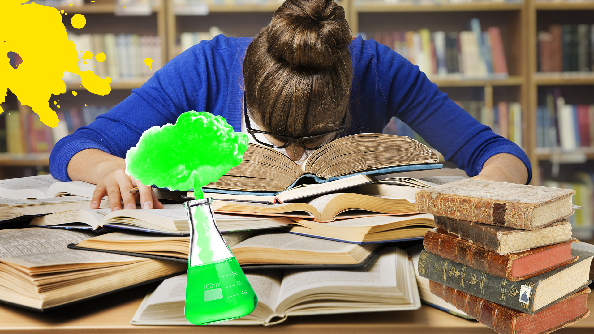 Someone faceplanting into books with Beano science beaker