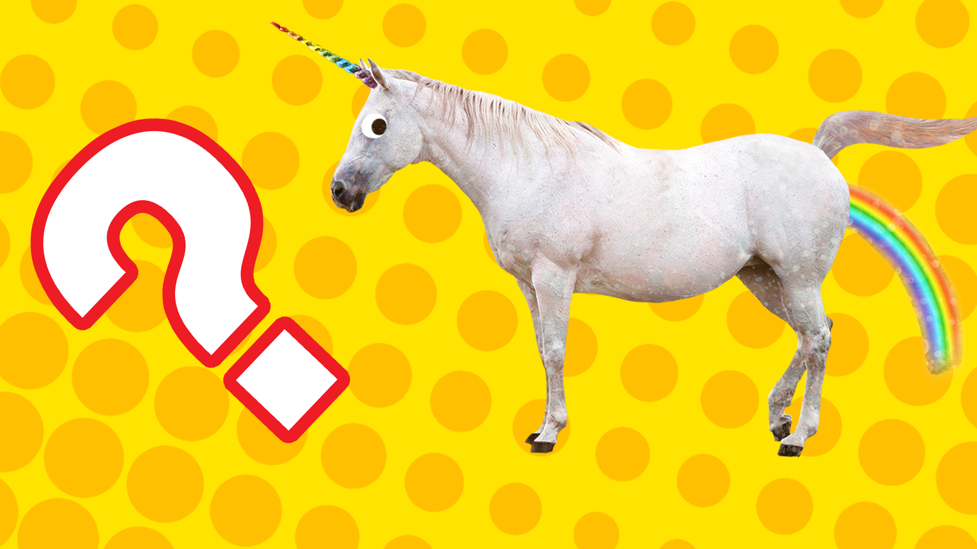 Unicorn farting a rainbow with question mark on yellow background