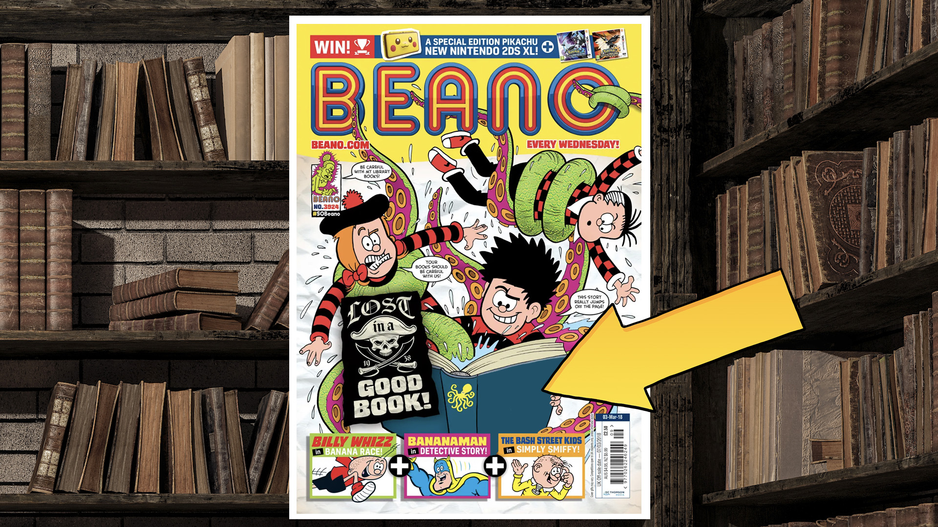 A library-themed cover of the Beano