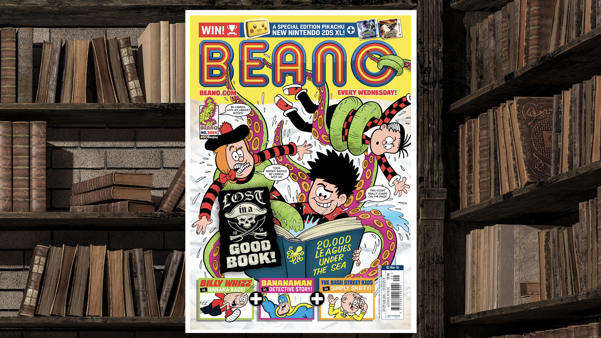 A library-themed cover of the Beano