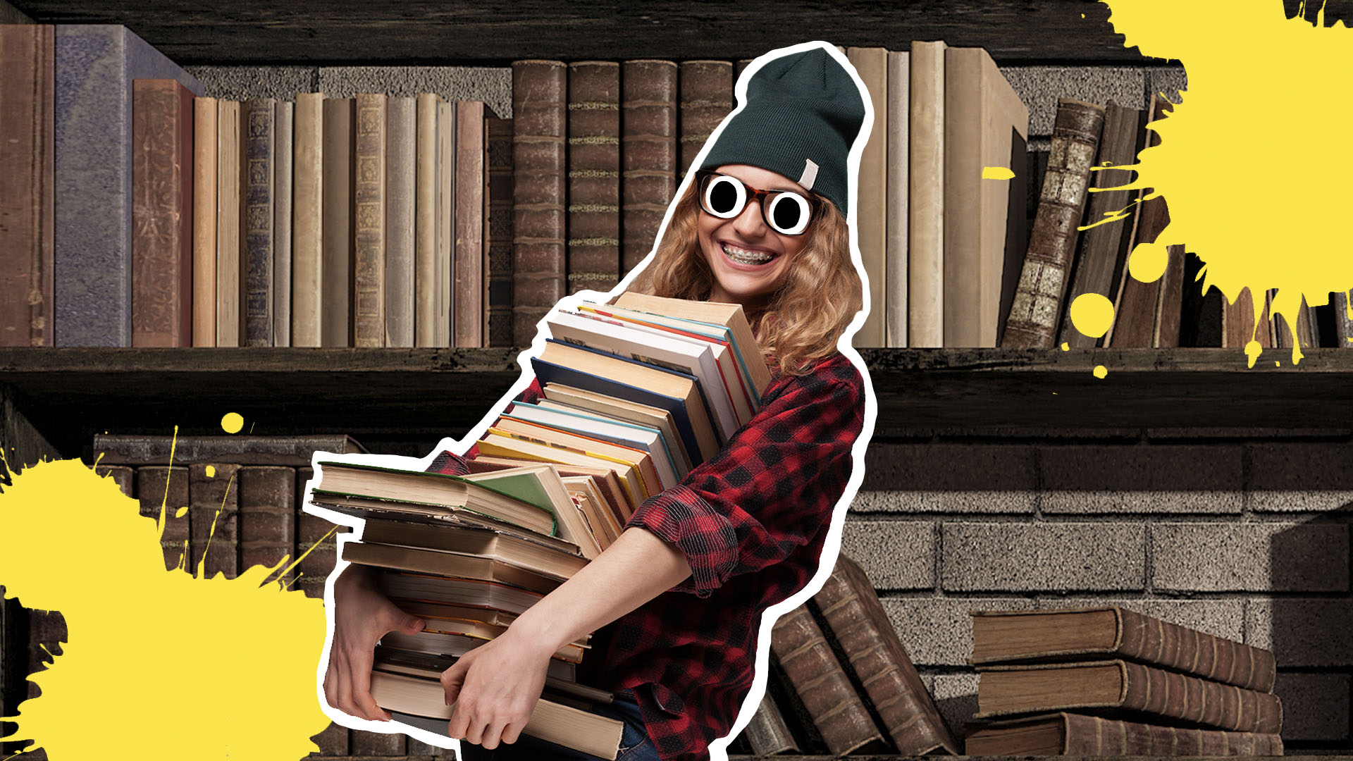 A woman carrying a stack of books