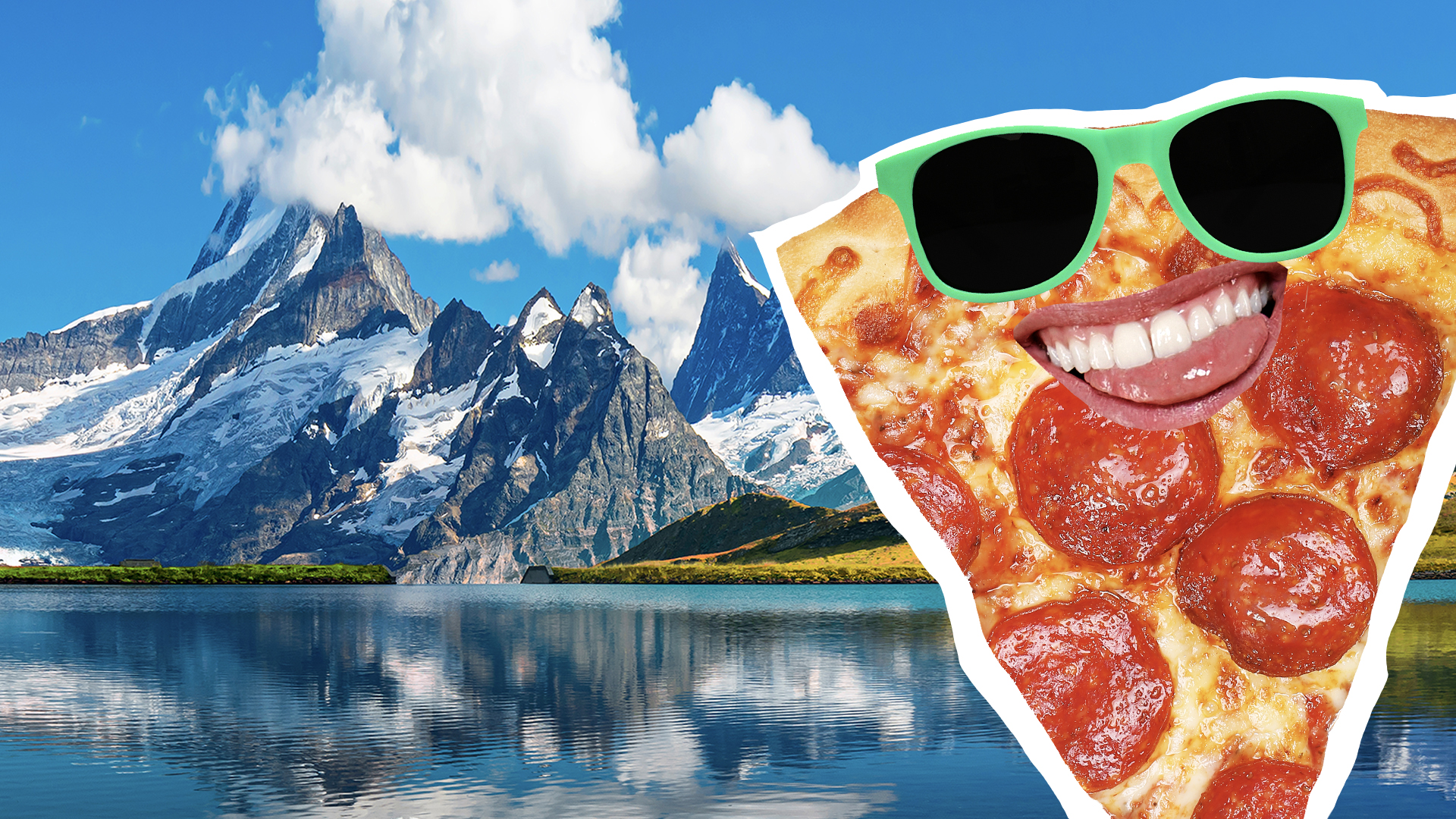 A slice of pizza in a beautiful mountain setting