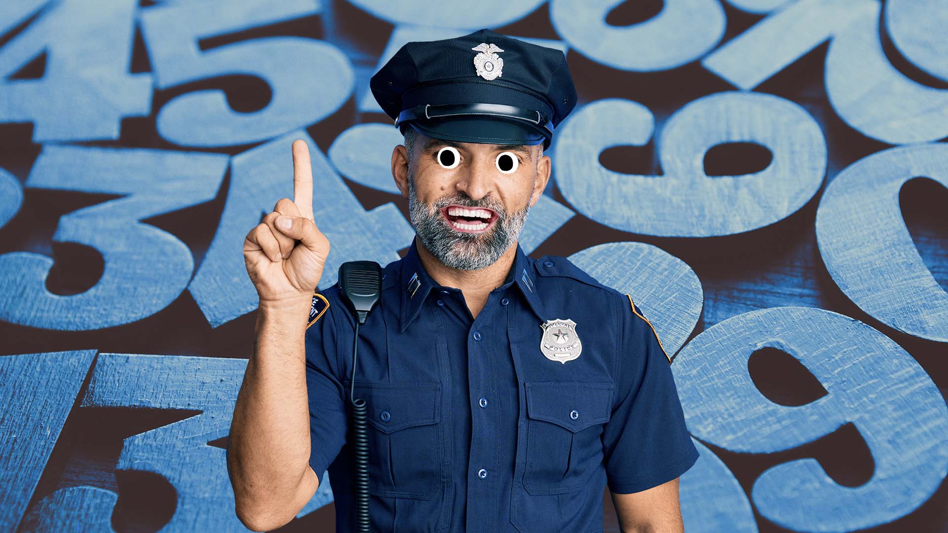 A police officer standing in front of a backdrop of numbers