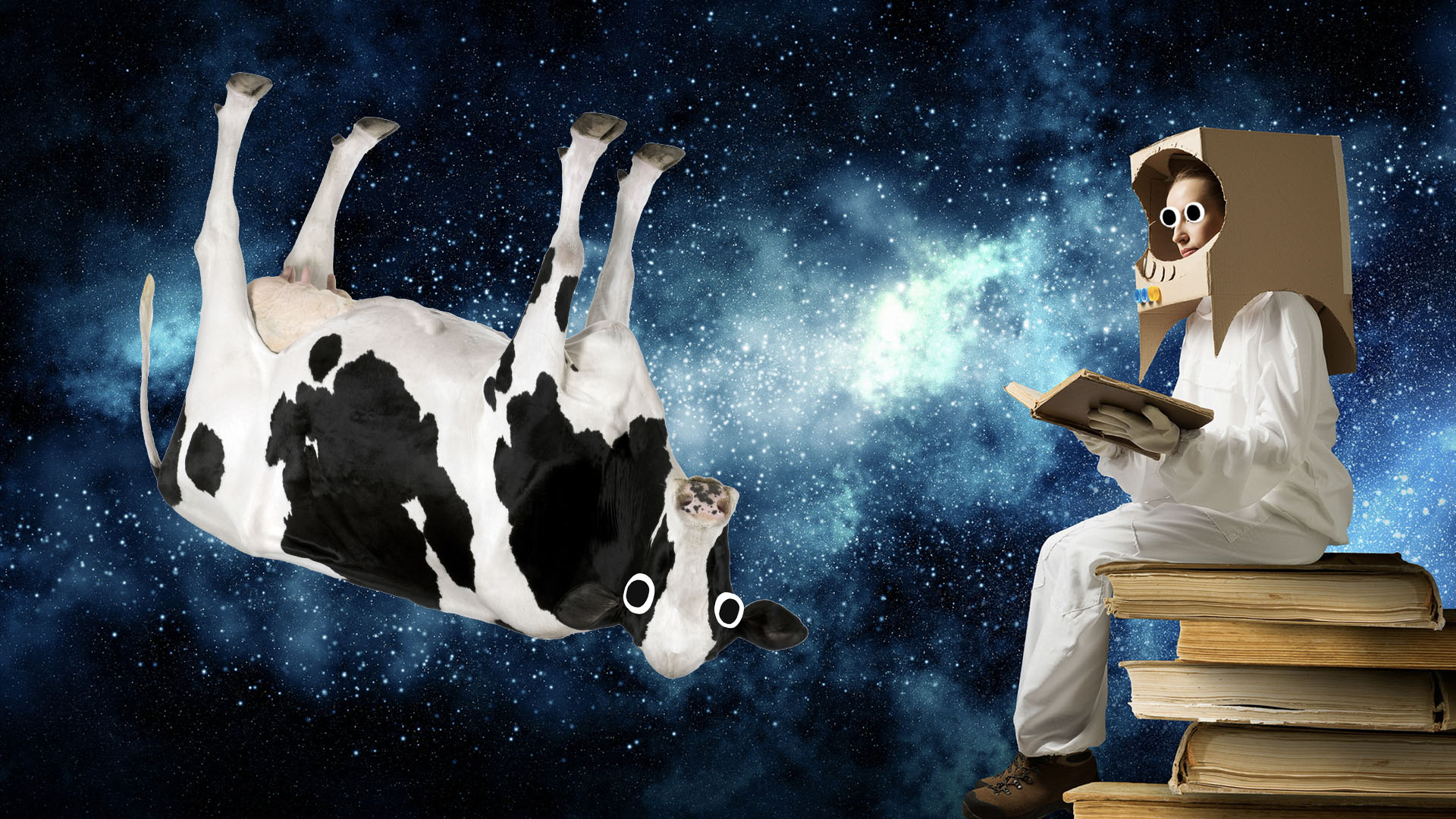 A woman reading in space, with a cow floating past