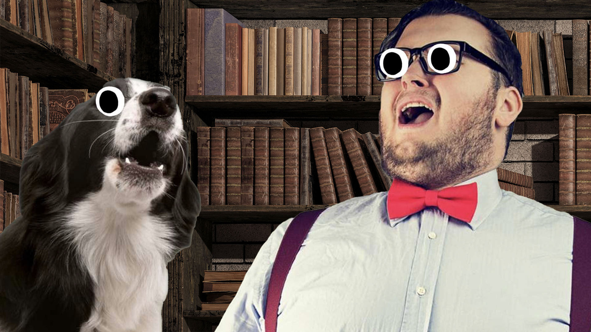 A dog and a man singing in an old library