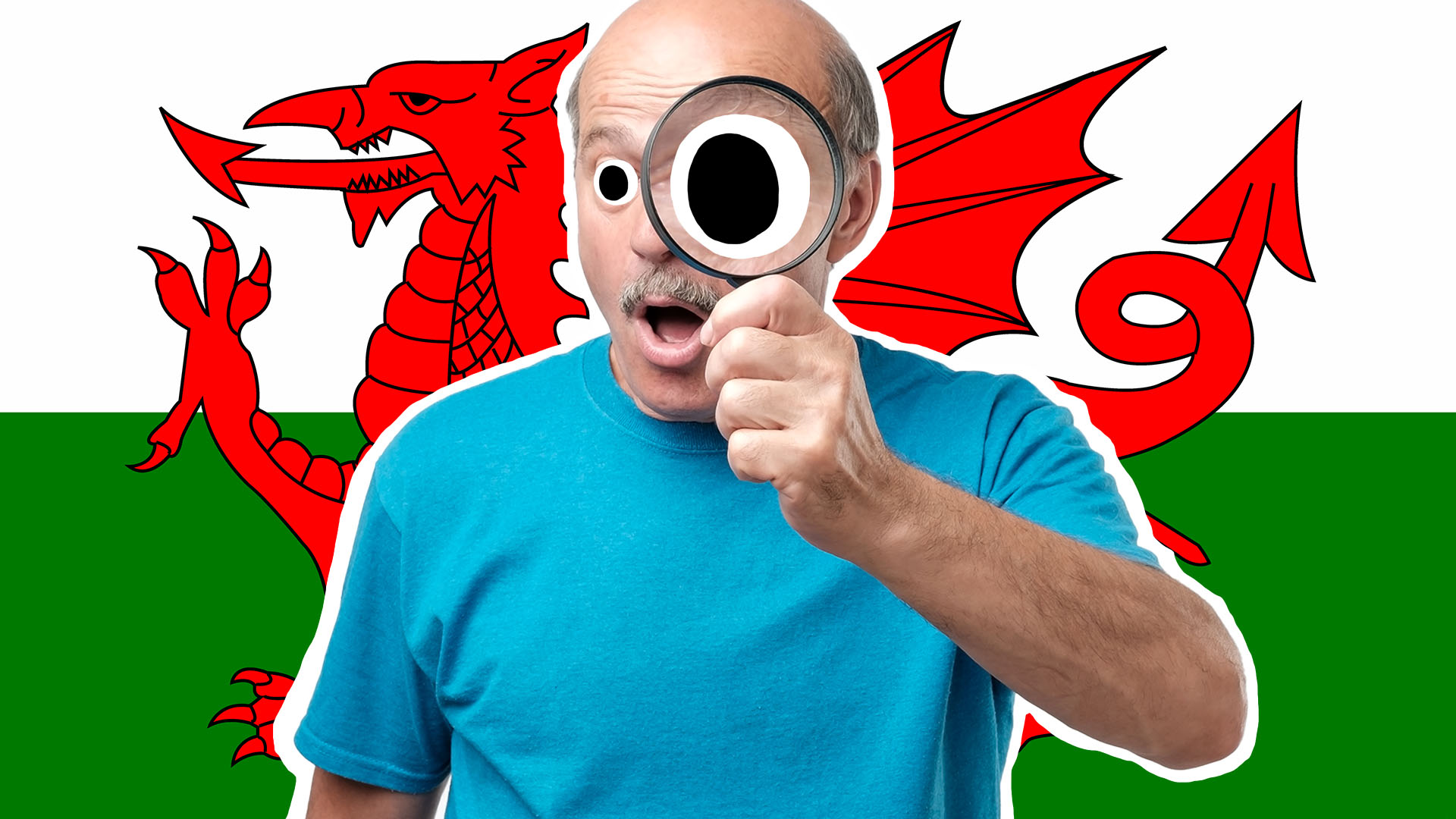 A man with a magnifying glass in front of Welsh flag