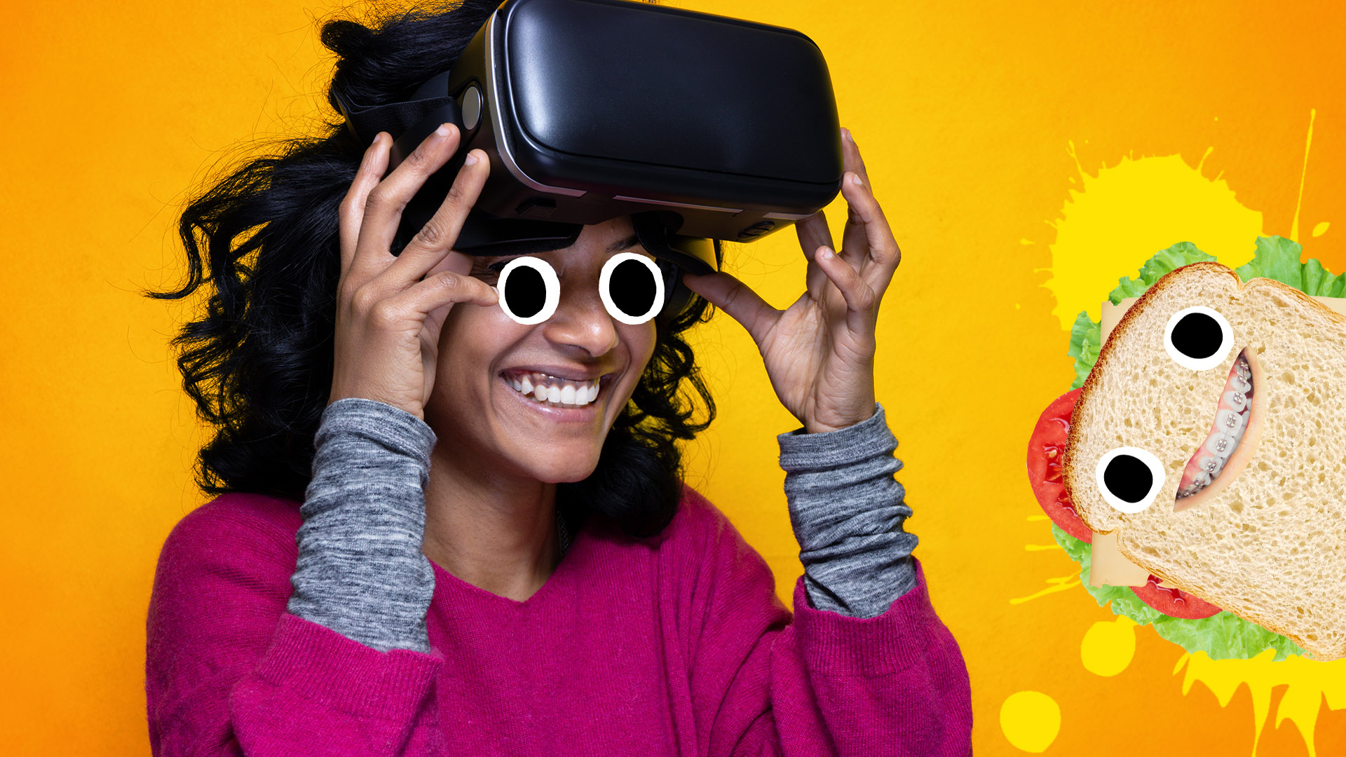 A woman in a virtual reality headset laughing at a sandwich