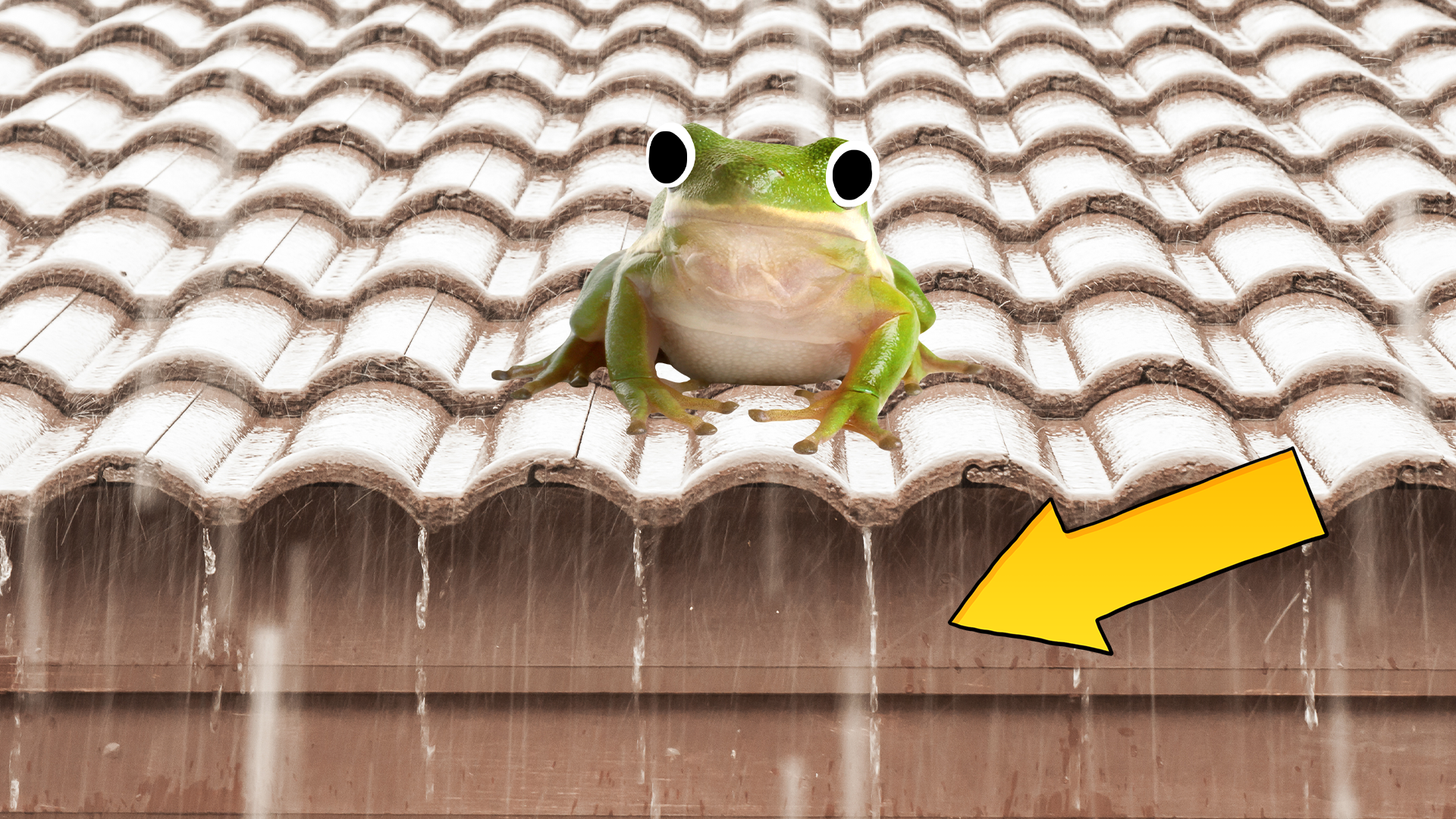 Rainy roof with frog and arrow