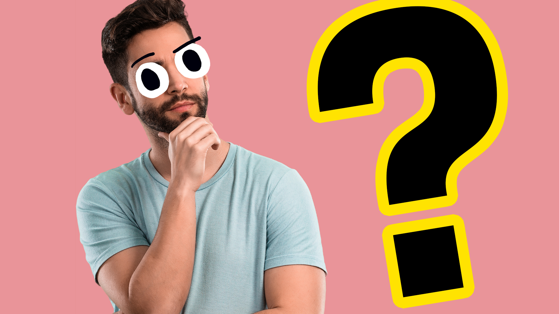 Man thinking with question mark on pink background