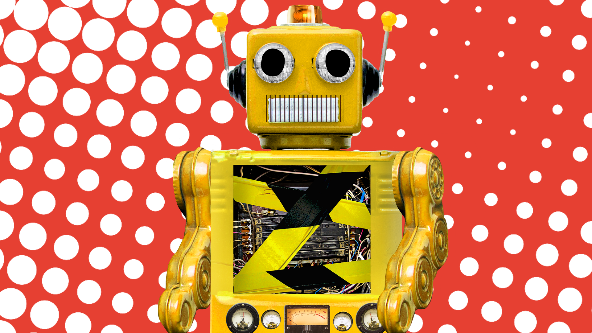 Beano robot on red and white background