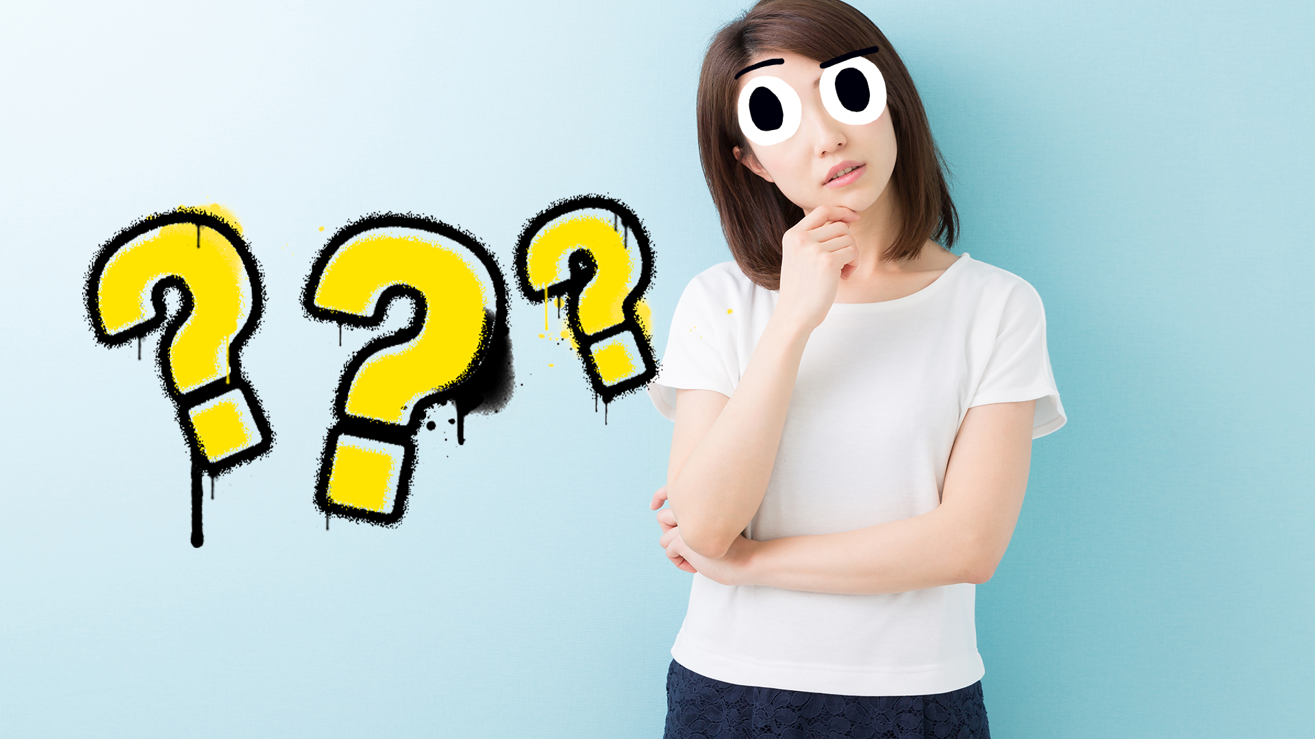 Woman thinking on blue background with question marks
