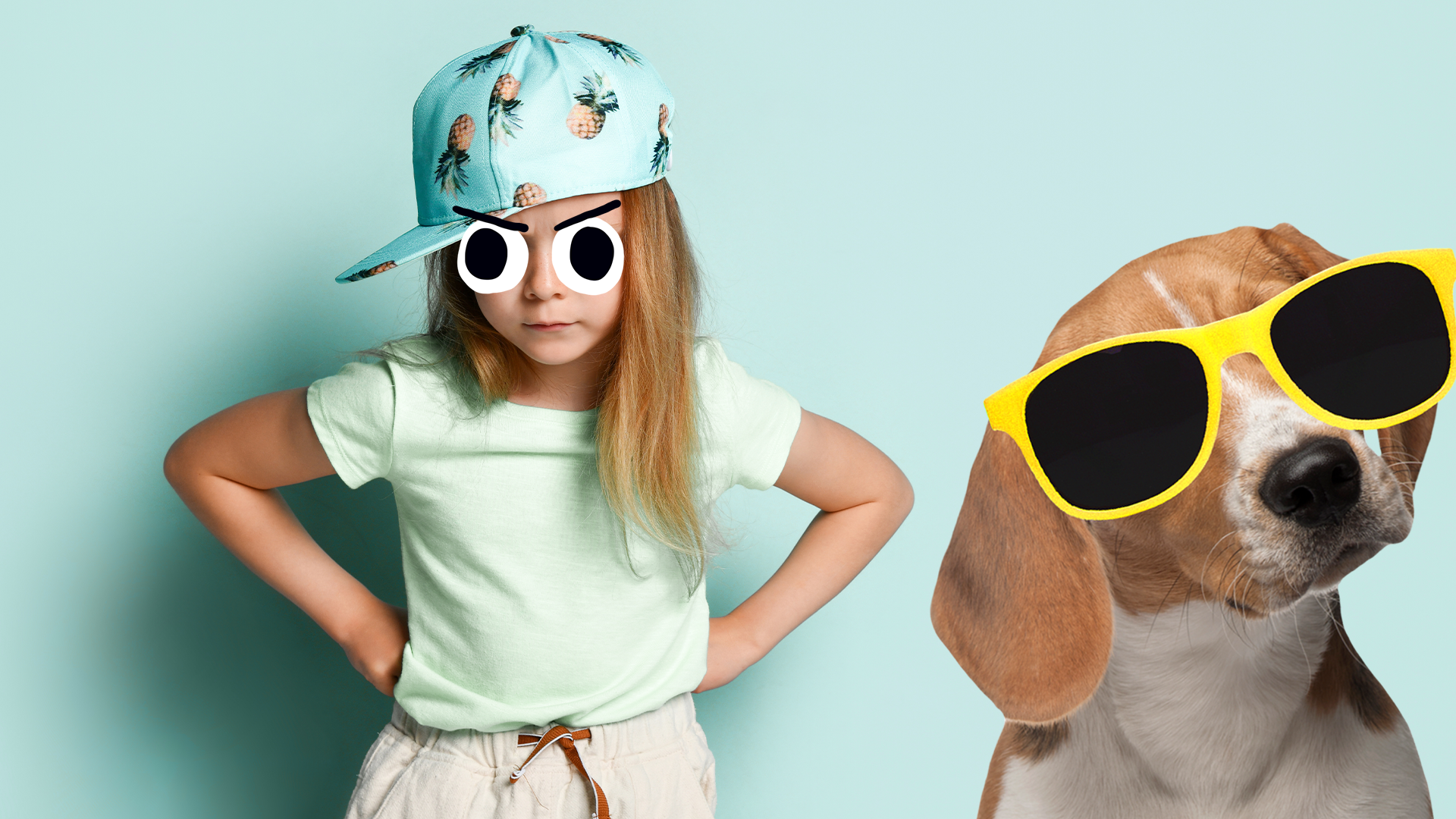 Grumpy looking girl on blue background with cool Beano dog