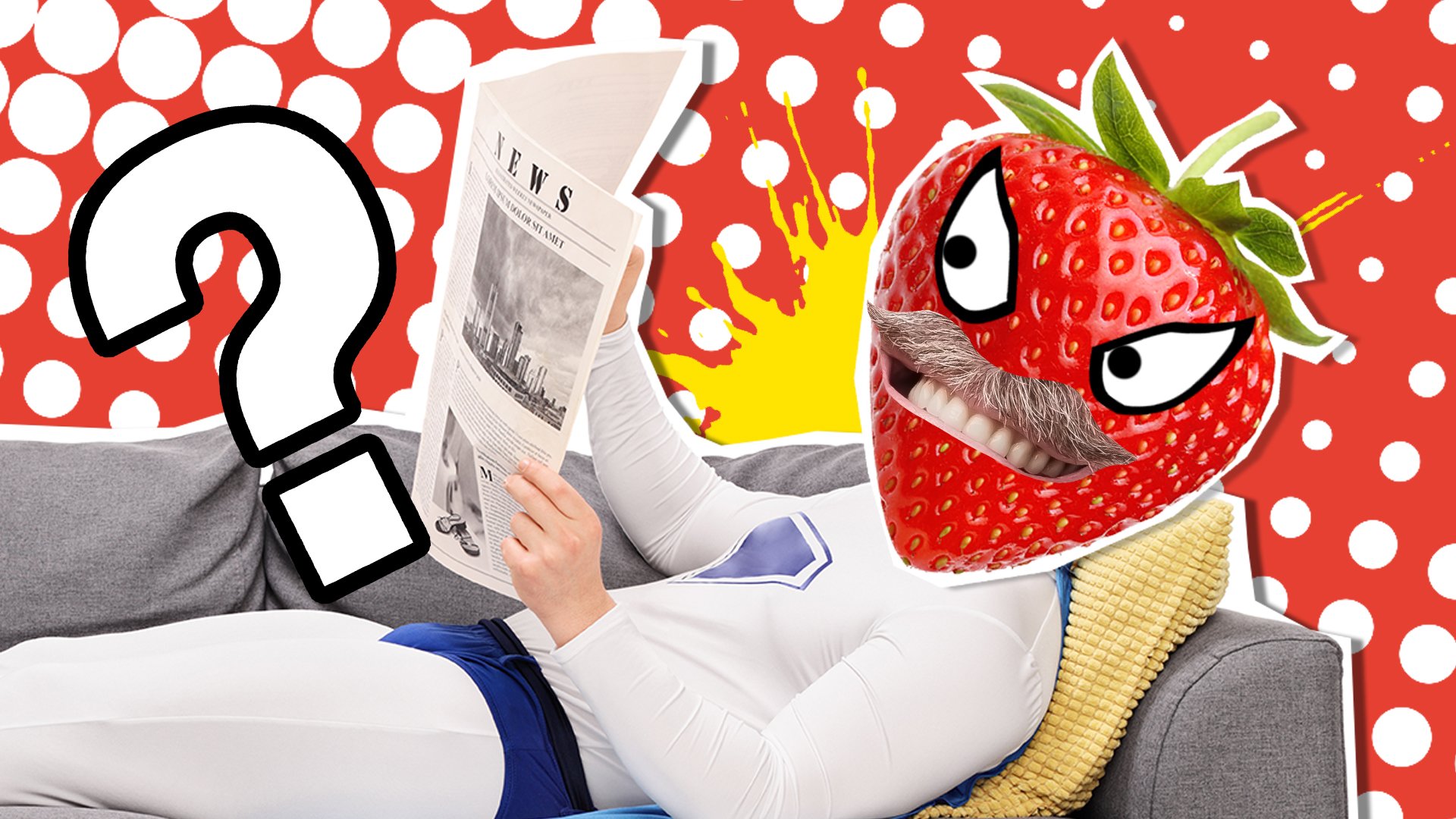 A strawberry made to look like Spider-Man, reading the paper on the sofa