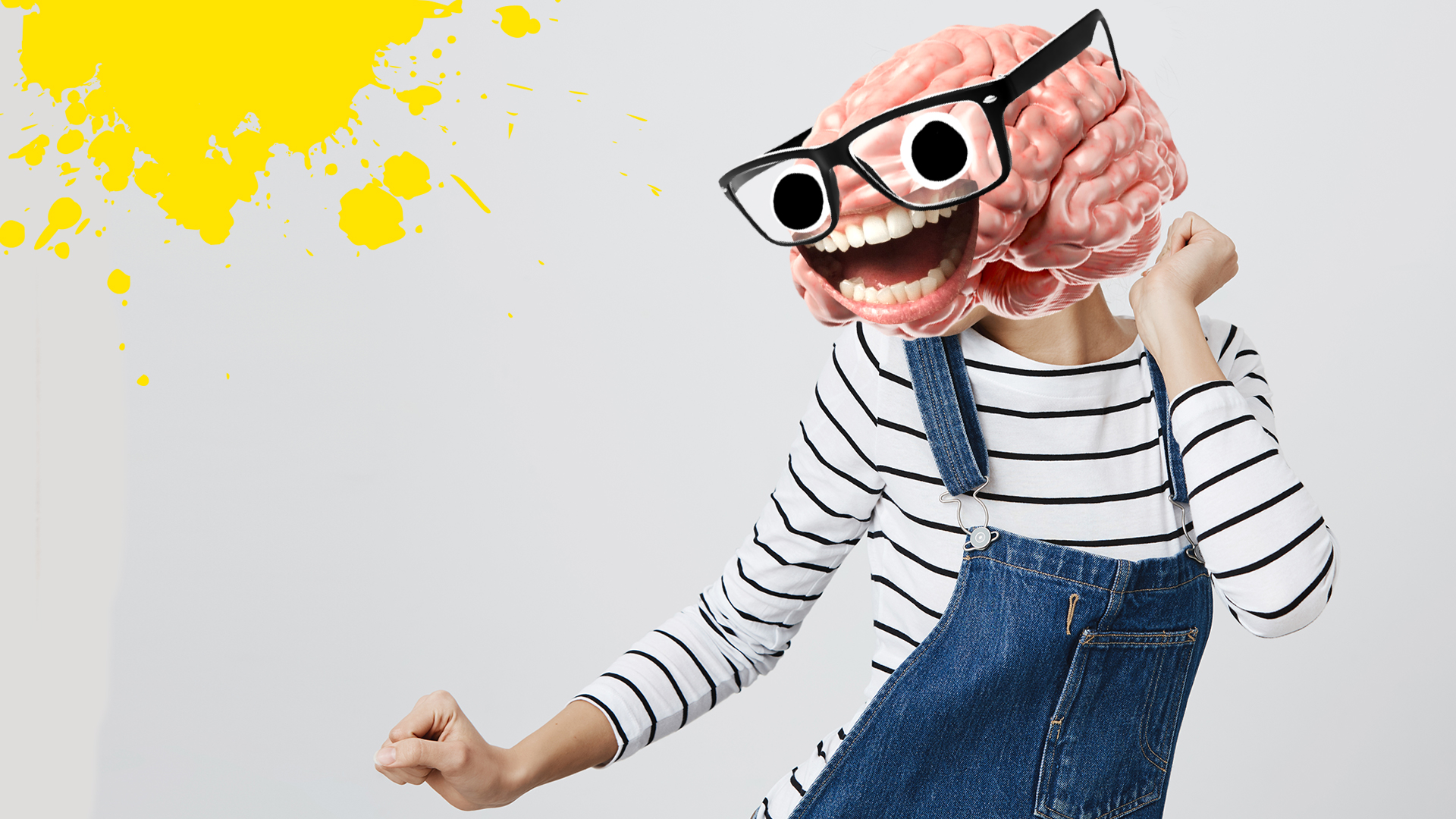 A brain in dungarees dancing around
