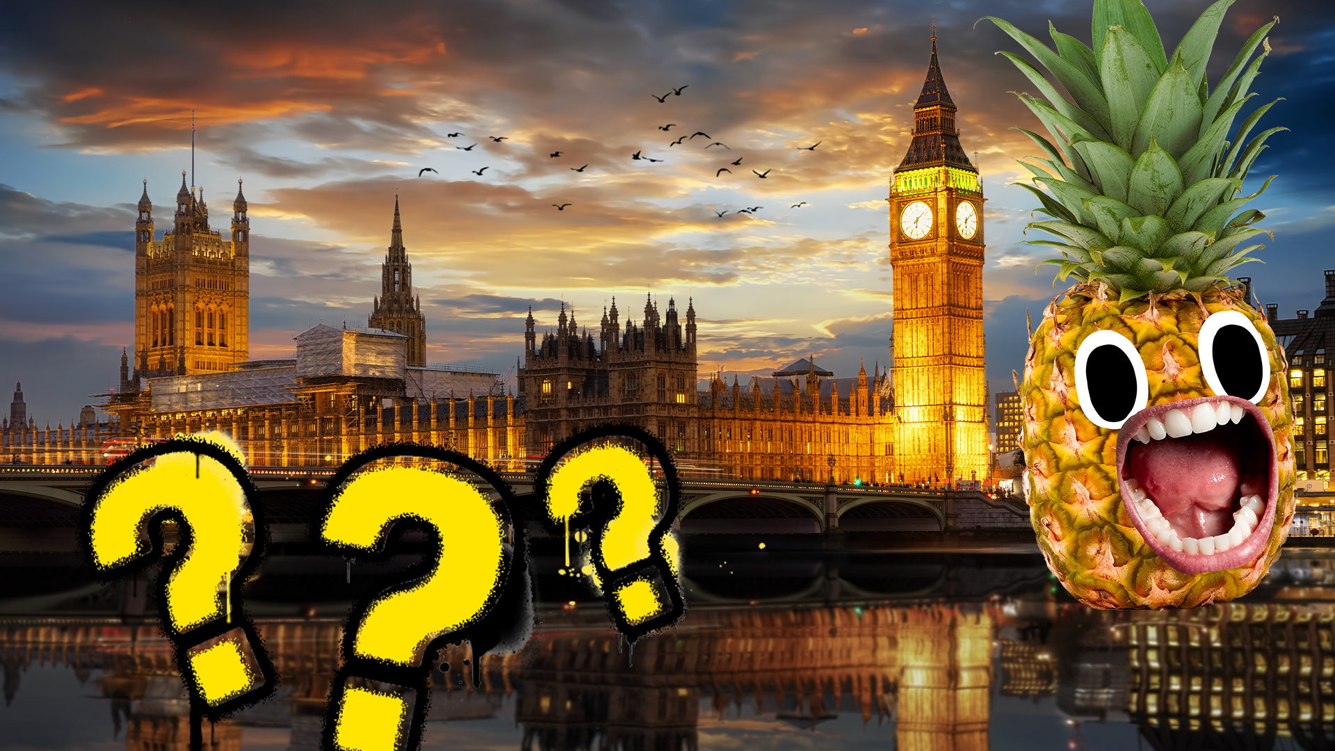 Houses of parliament and question marks with pineapple