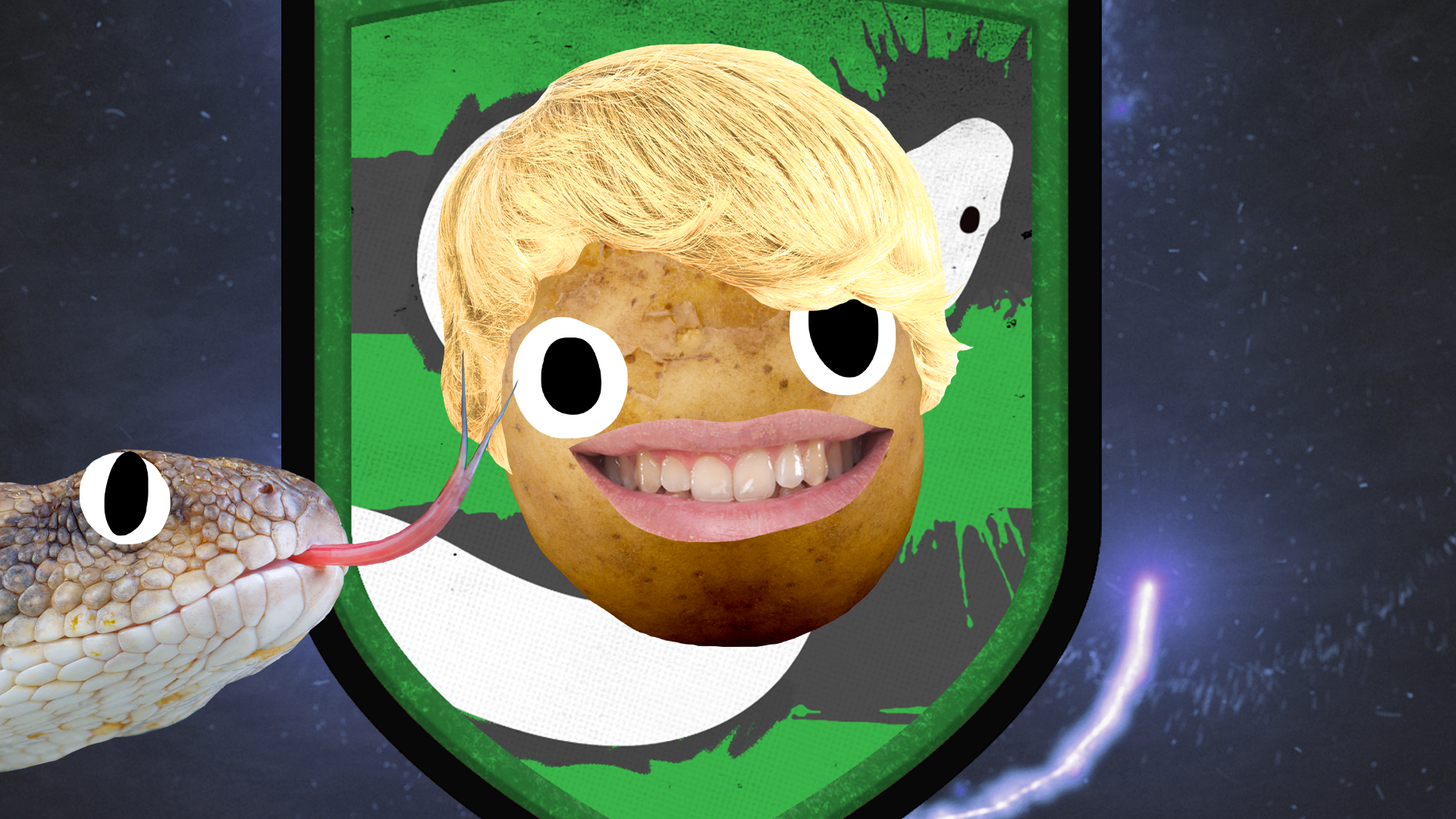 Potato Malfoy with house shield and snake on magic background