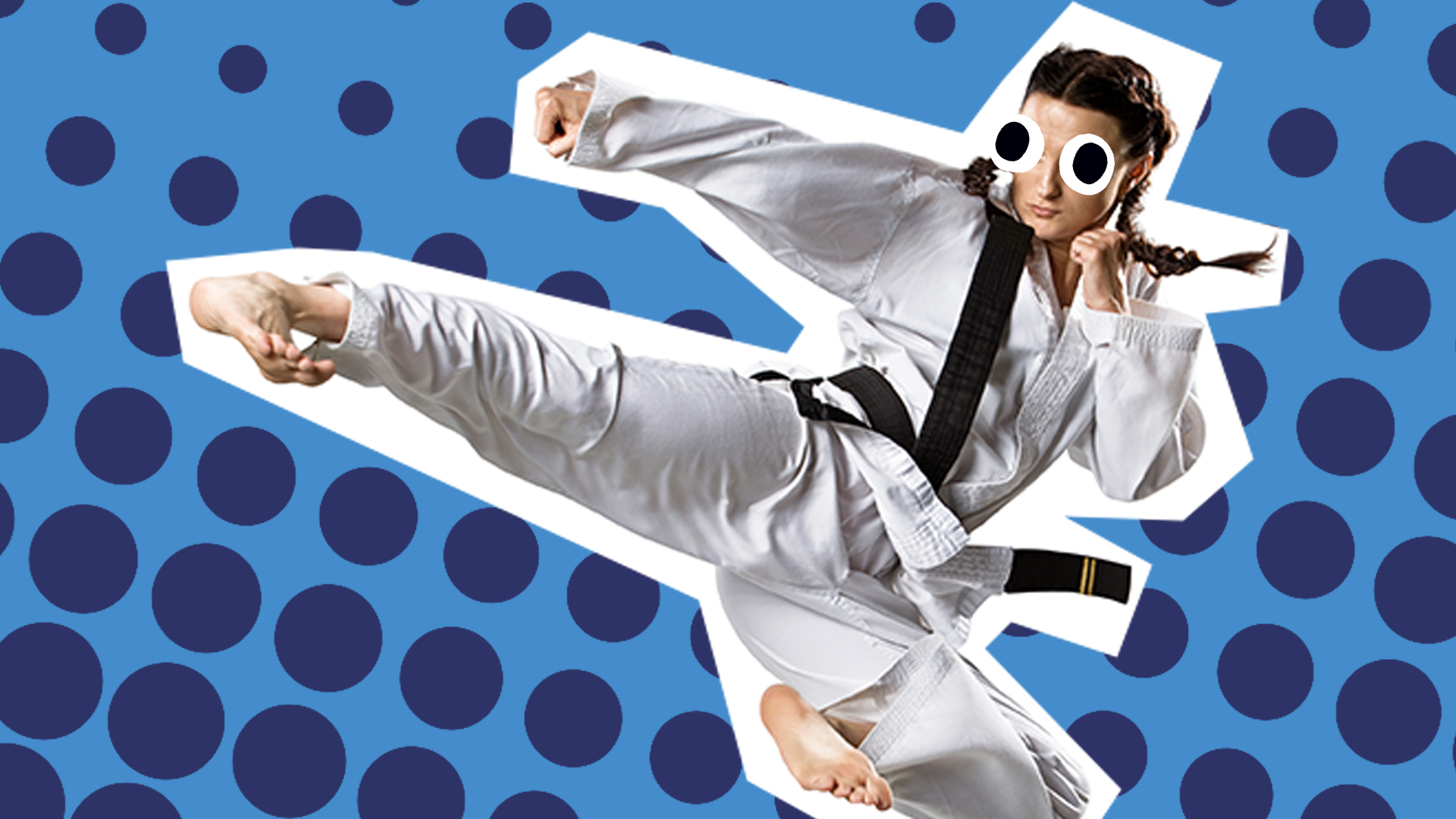 Woman doing martial arts on blue background 