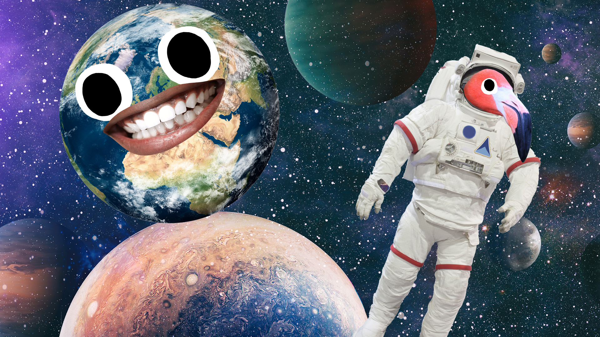Planets and flamingo astronaut