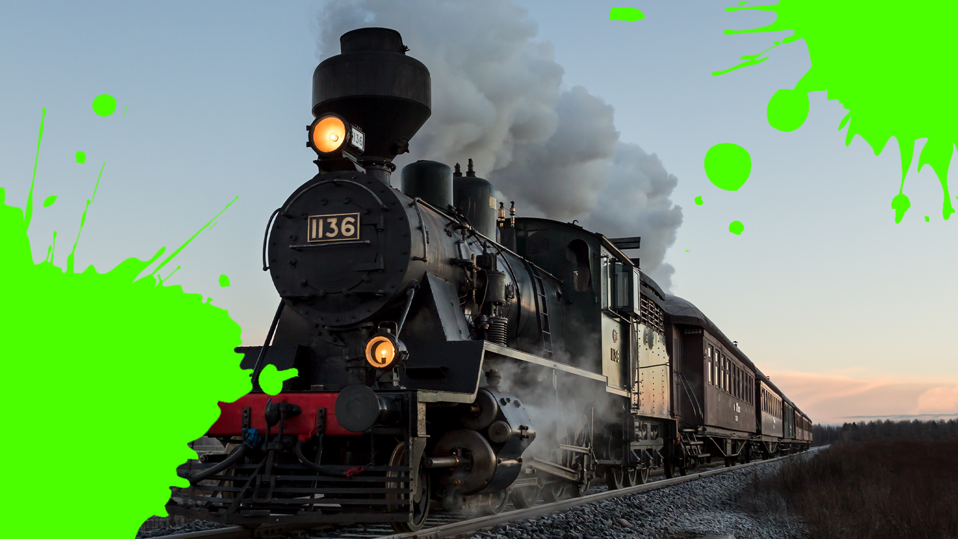 Steam train with green splats