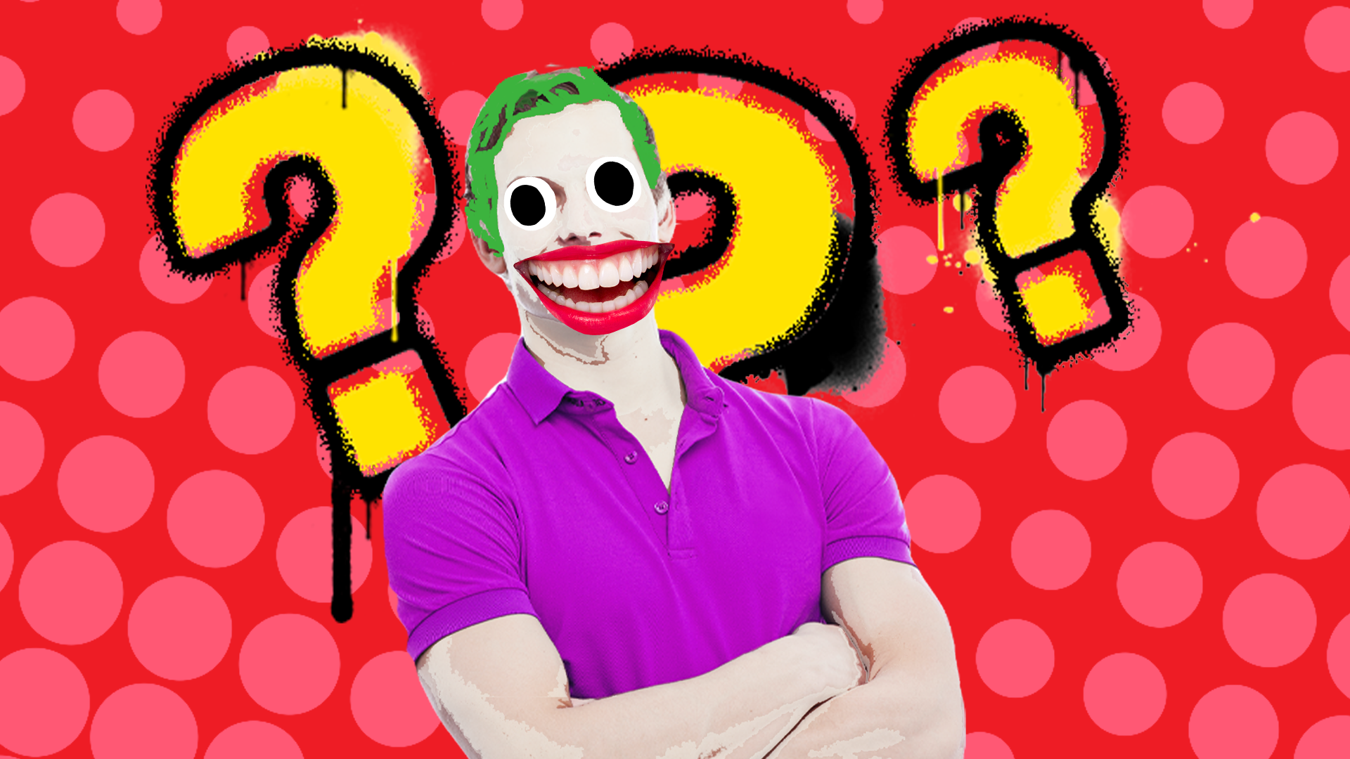 Beano joker with question marks on red background