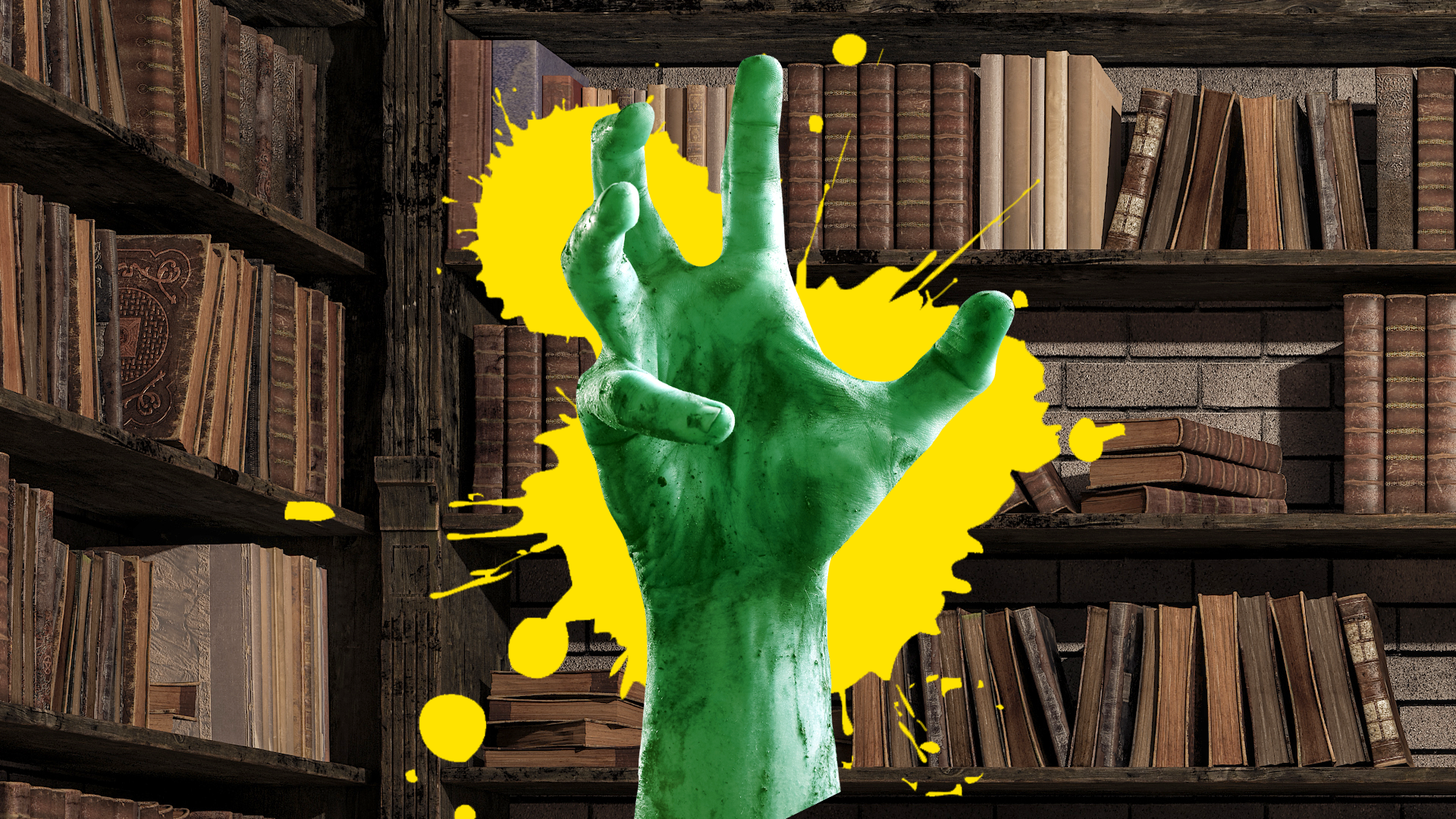 Zombie hand and splat on library background