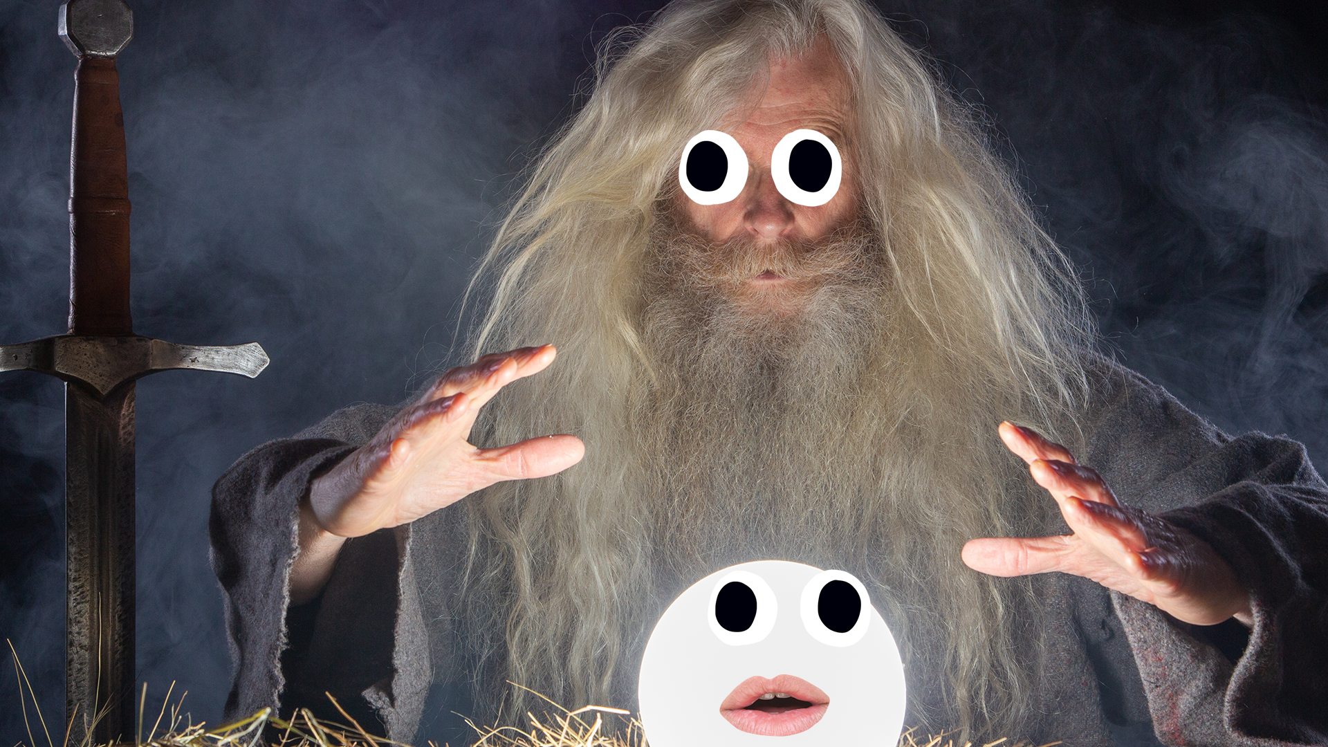 Wizard looking into crystal ball with face