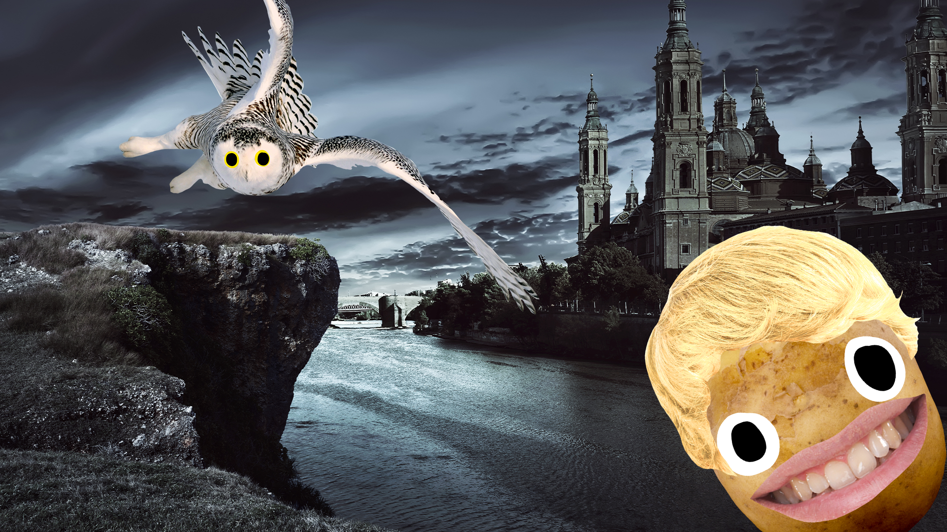 Draco potato and owl on spooky castle background