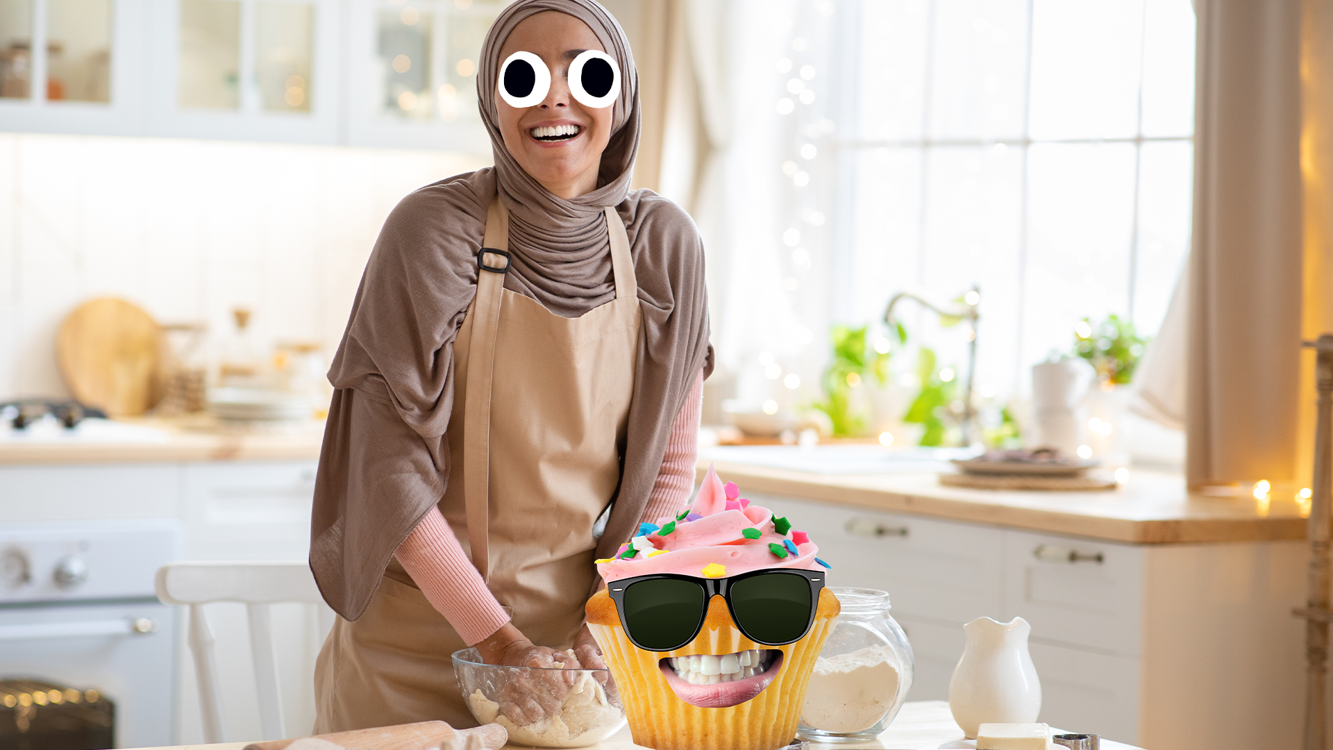 Laughing female chef with Beano cupcake